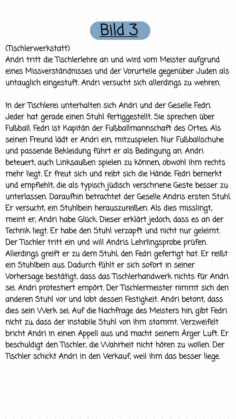 Bild 1
(Straße, Pinte)
Barblin weißelt das Haus. Der Lehrer Can verhandelt mit dem
Tischler um eine Lehre für seinen (vermeintlichen) Pflege