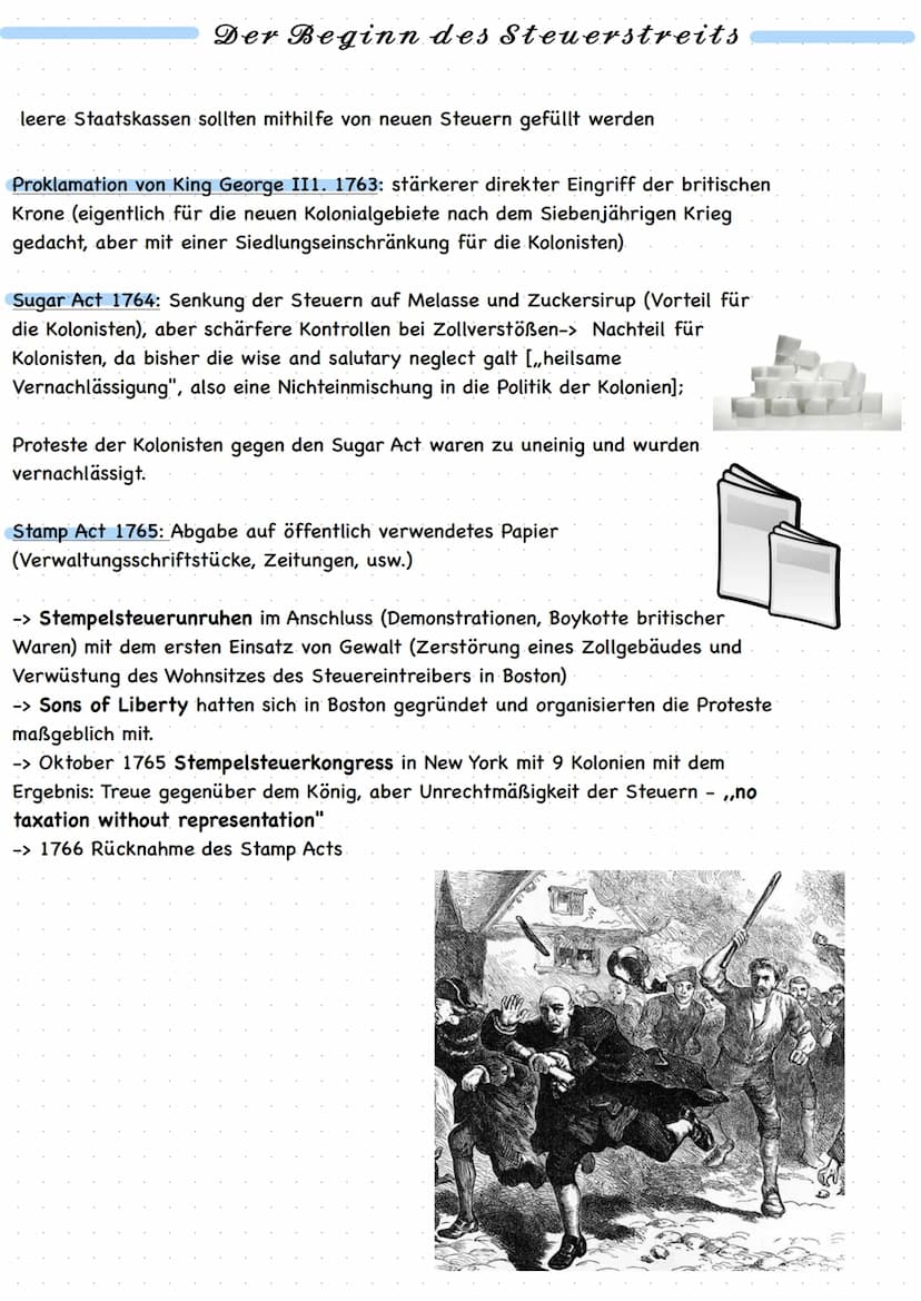 Besiedlungen
des Landes
durch.
Kolonien
Proklamation
von King
George
1763
1754-1763
French
and
Indian
War
Sugar
Act
↑
1764
1765
Rücknahme
S