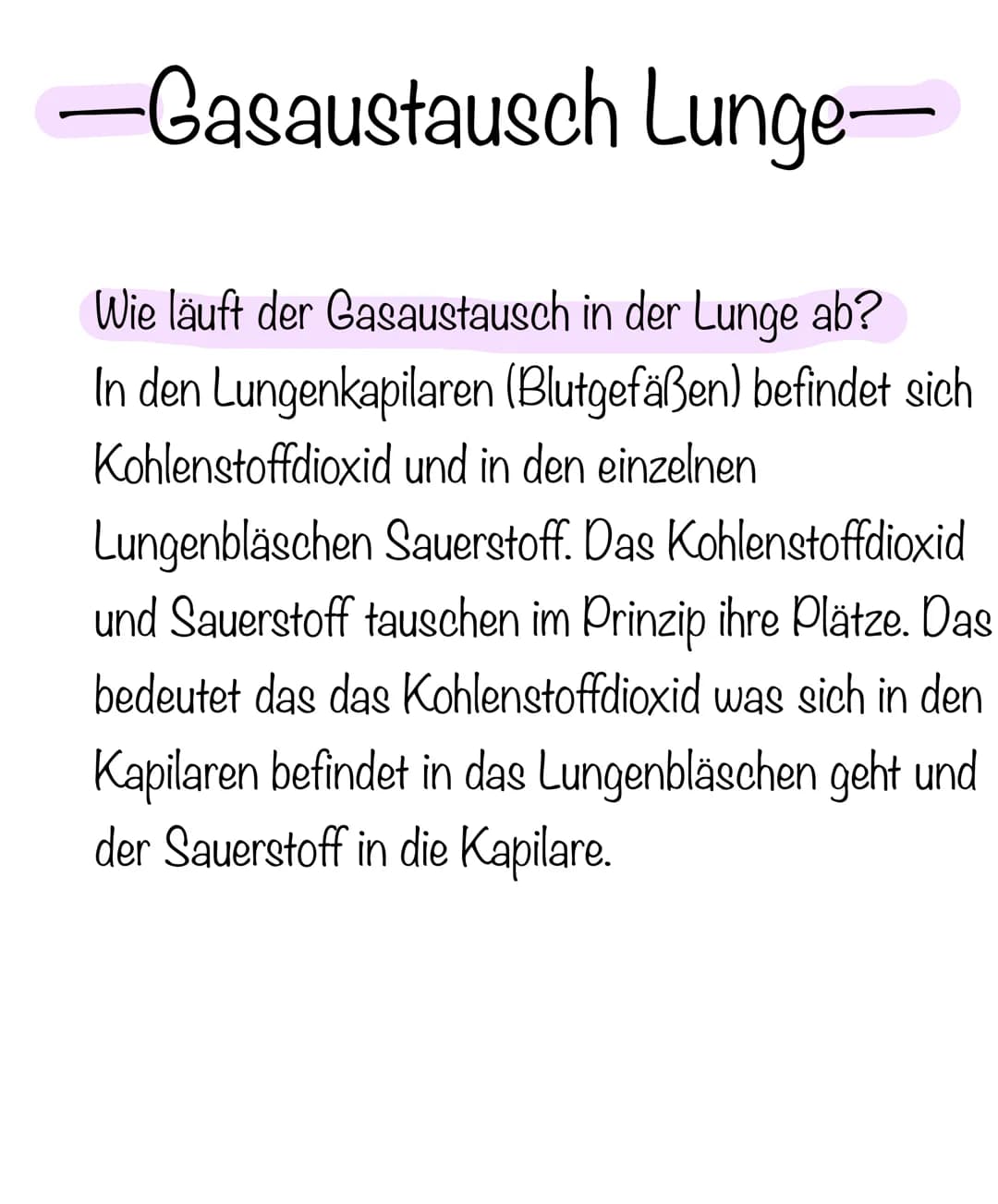 -Gasaustausch Lunge-
Wie läuft der Gasaustausch in der Lunge ab?
In den Lungenkapilaren (Blutgefäßen) befindet sich
Kohlenstoffdioxid und in
