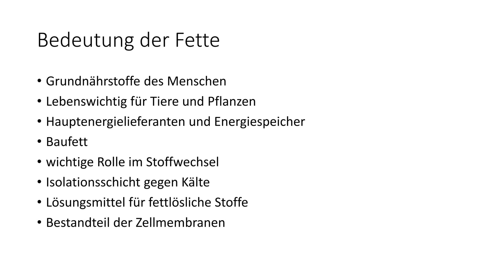 Fette # Gliederung
1. Was sind Fette?
2. Bedeutung der Fette
3. Aufbau und Eigenschaften
4. Fettsäuren
5. Margarine
6. Gewinnung
7. Verwendu