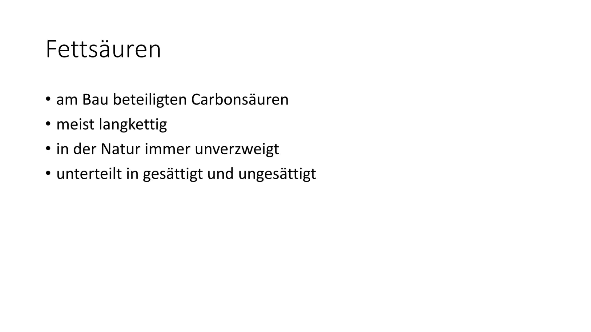 Fette # Gliederung
1. Was sind Fette?
2. Bedeutung der Fette
3. Aufbau und Eigenschaften
4. Fettsäuren
5. Margarine
6. Gewinnung
7. Verwendu