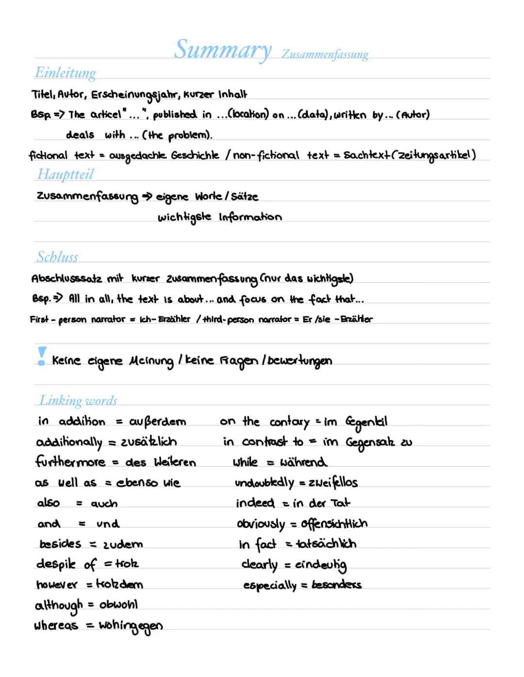 # Summary Zusammenfassung
## Einleitung
- Titel, Autor, Erscheinungsjahr, kurzer Inhalt
- BSp. => The articel"...", published in ...(locati