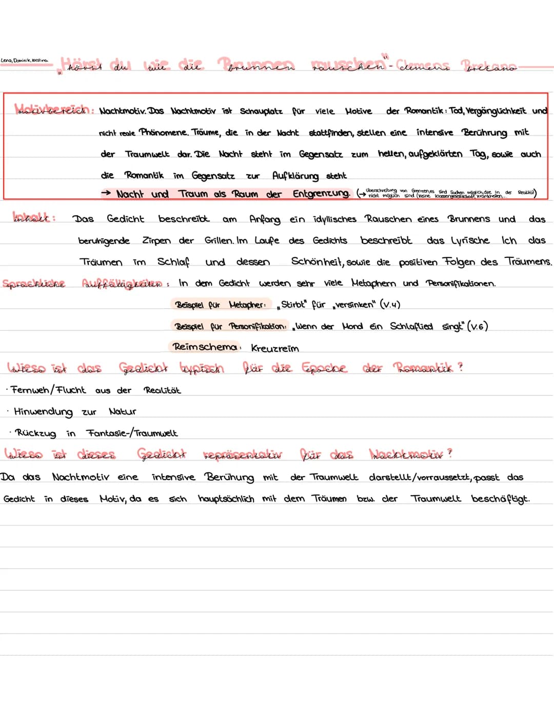 # Hörst du wie die Brunnen rauschen - Analyse Seite A
Das romantische Gedicht „Hörst du, wie die Brunnen rauschen“ aus dem Jahr 18M von Clem
