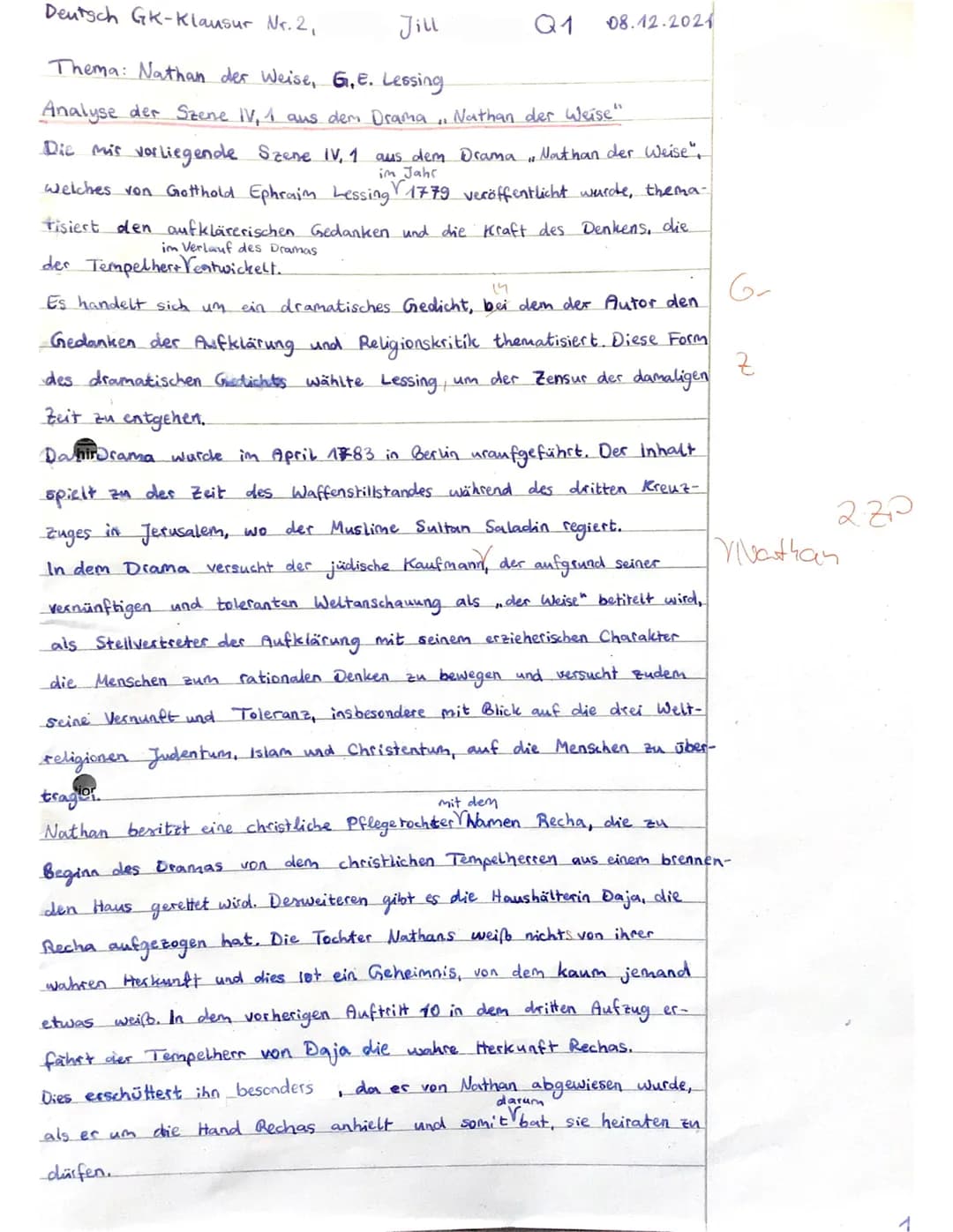 Grundkurs Deutsch 1
Q1
2. Klausur
08.12.2021
3.-4. Std.
Gesamtschule
Jill
Q1
# Thema: Nathan der Weise - Ein Werk der Aufklärung im Spannung