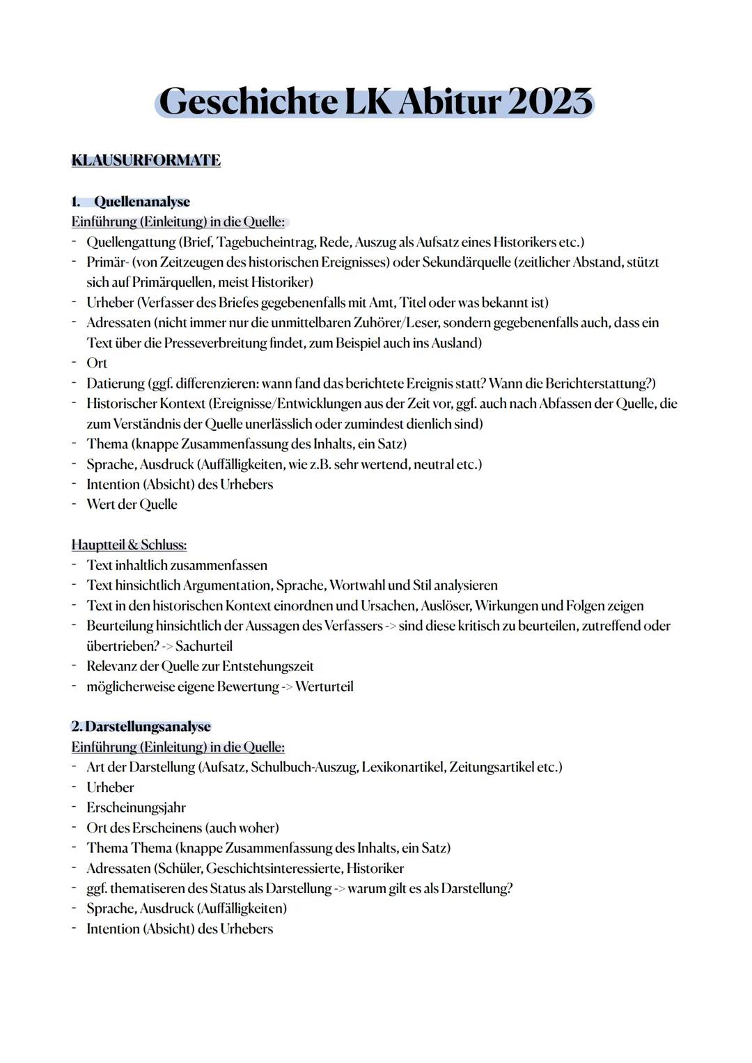 KLAUSURFORMATE
Geschichte LK Abitur 2023
1. Quellenanalyse
Einführung (Einleitung) in die Quelle:
Quellengattung (Brief, Tagebucheintrag, Re