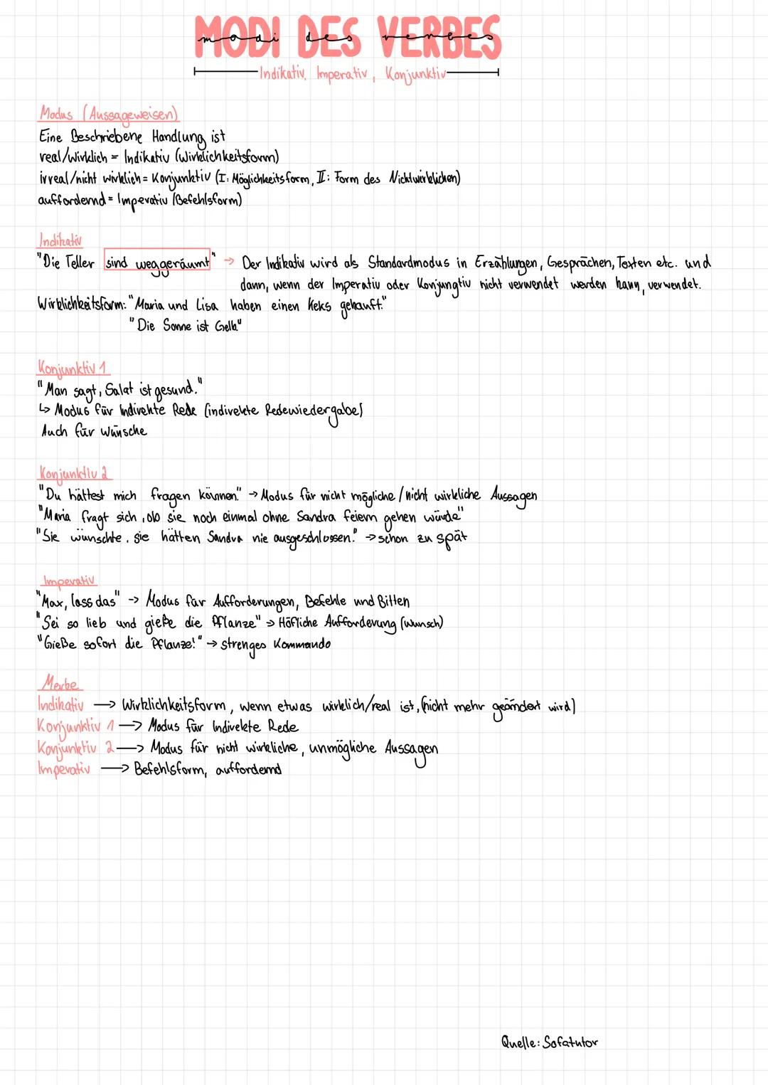MODI DES VERBES
-Indikativ. Imperativ, Konjunktiv-
Modus (Aussageweisen)
Eine Beschriebene Handlung ist
real/wirklich Indikativ (Wirklichkei