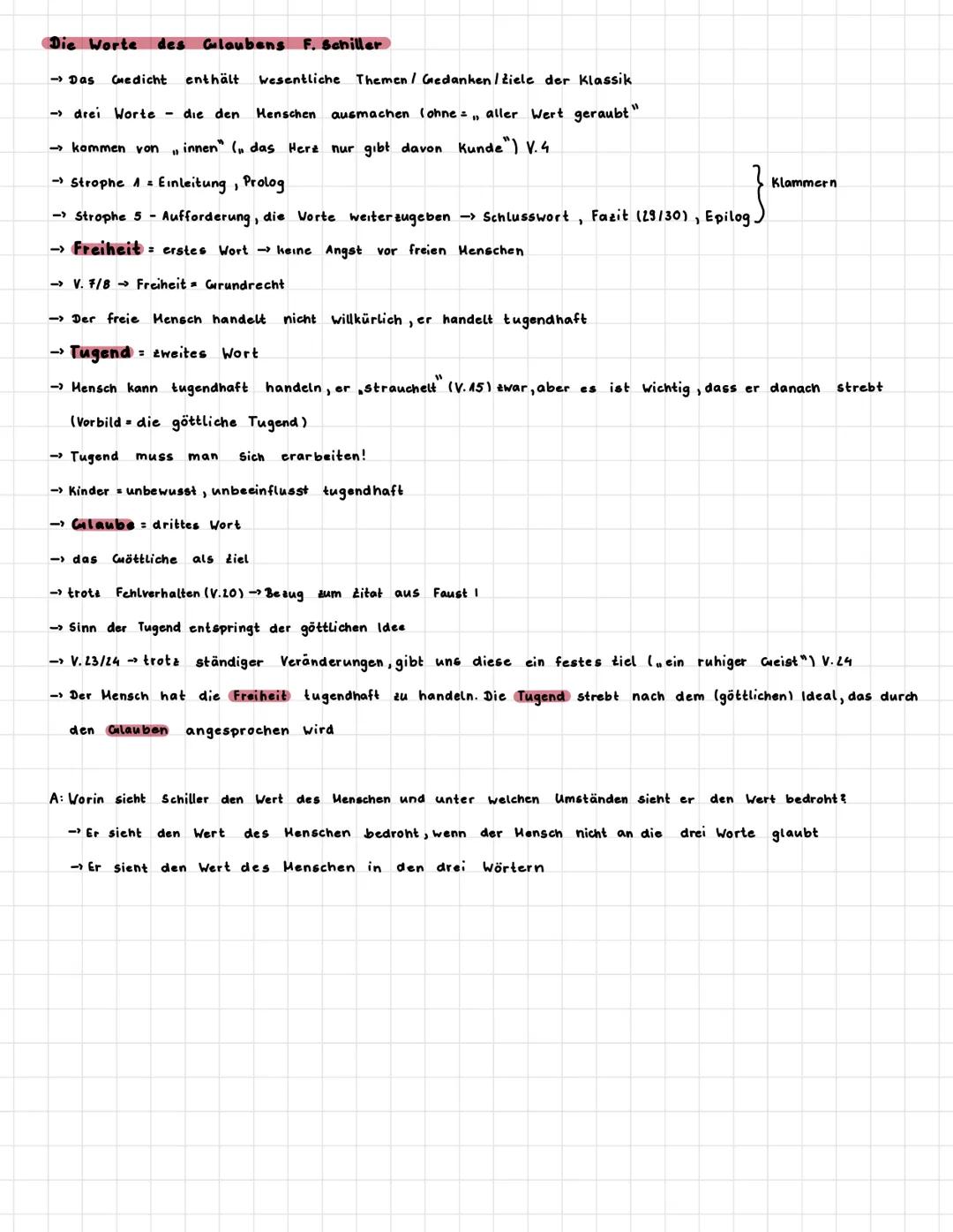 Die Worte des Glaubens F. Schiller
- Das Gedicht enthält wesentliche Themen / Gedanken/Ziele der Klassik.
drei Worte - die den Menschen ausm