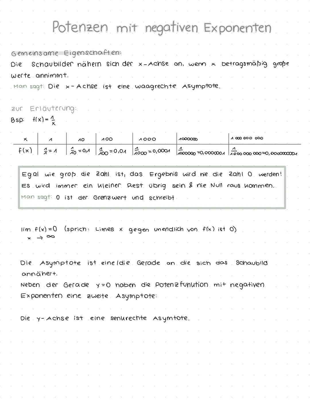 Potenzen mit negativen Exponenten
Funktionen der Form
Beispiele: f(x) = 1
X
g(x) = 1/3
Eigenschaften der Funktionen:
1. Punktsymmetrisch zu