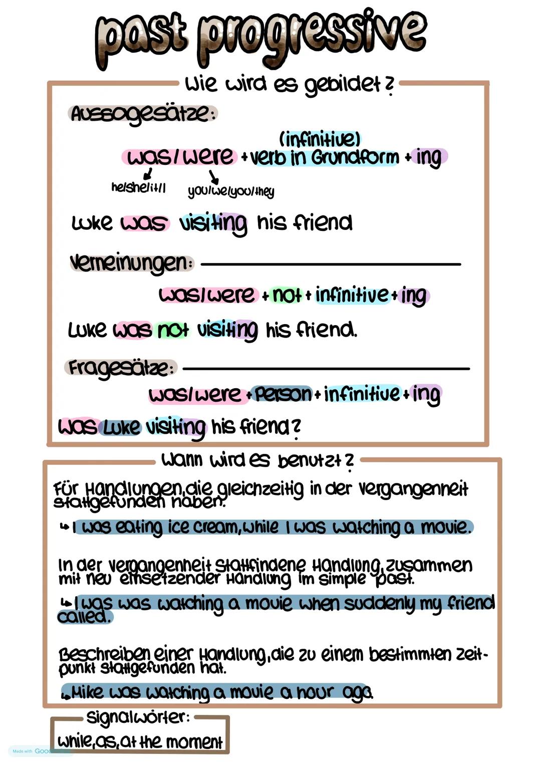 Made with Goo
past progressive
wie wird es gebildet?
Aussagesätze:
(infinitive)
was/were +verb in Grundform + ing
helshelit/l you/welyou/the