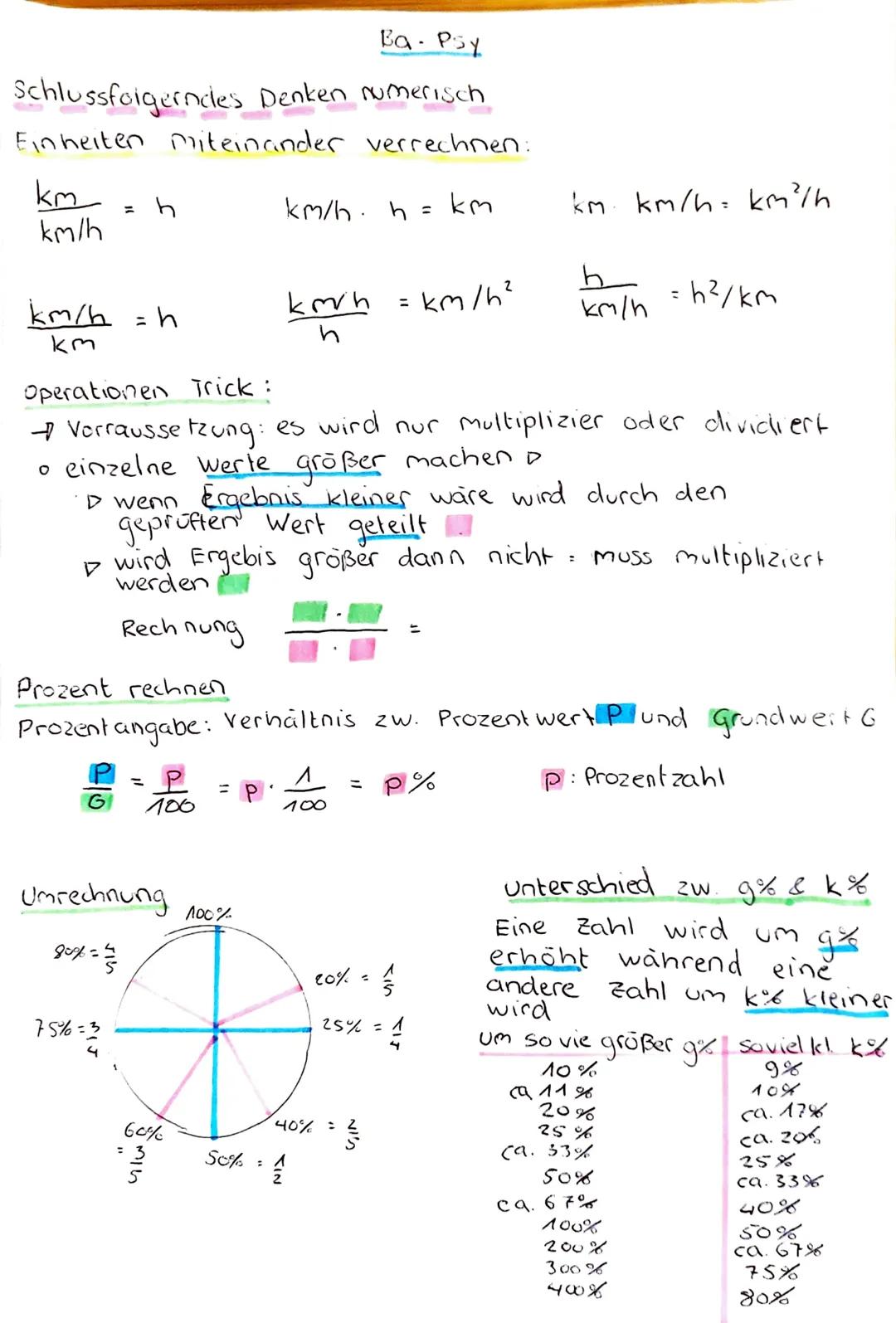 Ba - Psy
Schlussfolgerndes Denken numerisch
Einheiten miteinander verrechnen:
km/h. h = km
km
km/h
km/h = h
km
Operationen Trick:
h
P = P
G
