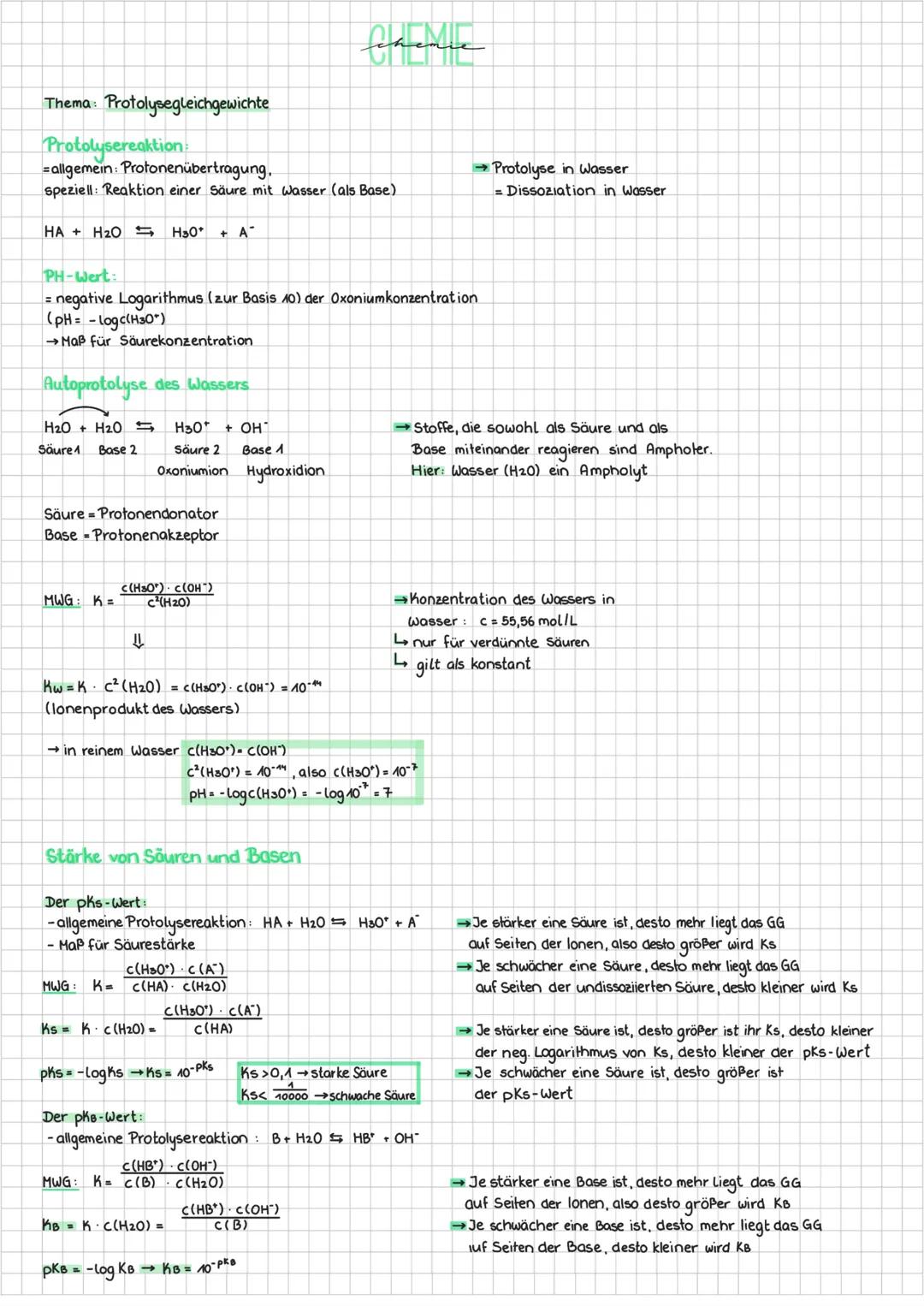 Thema: Protolysegleichgewichte
Protolysereaktion
=allgemein: Protonenübertragung.
speziell: Reaktion einer Säure mit Wasser (als Base)
HA+H₂