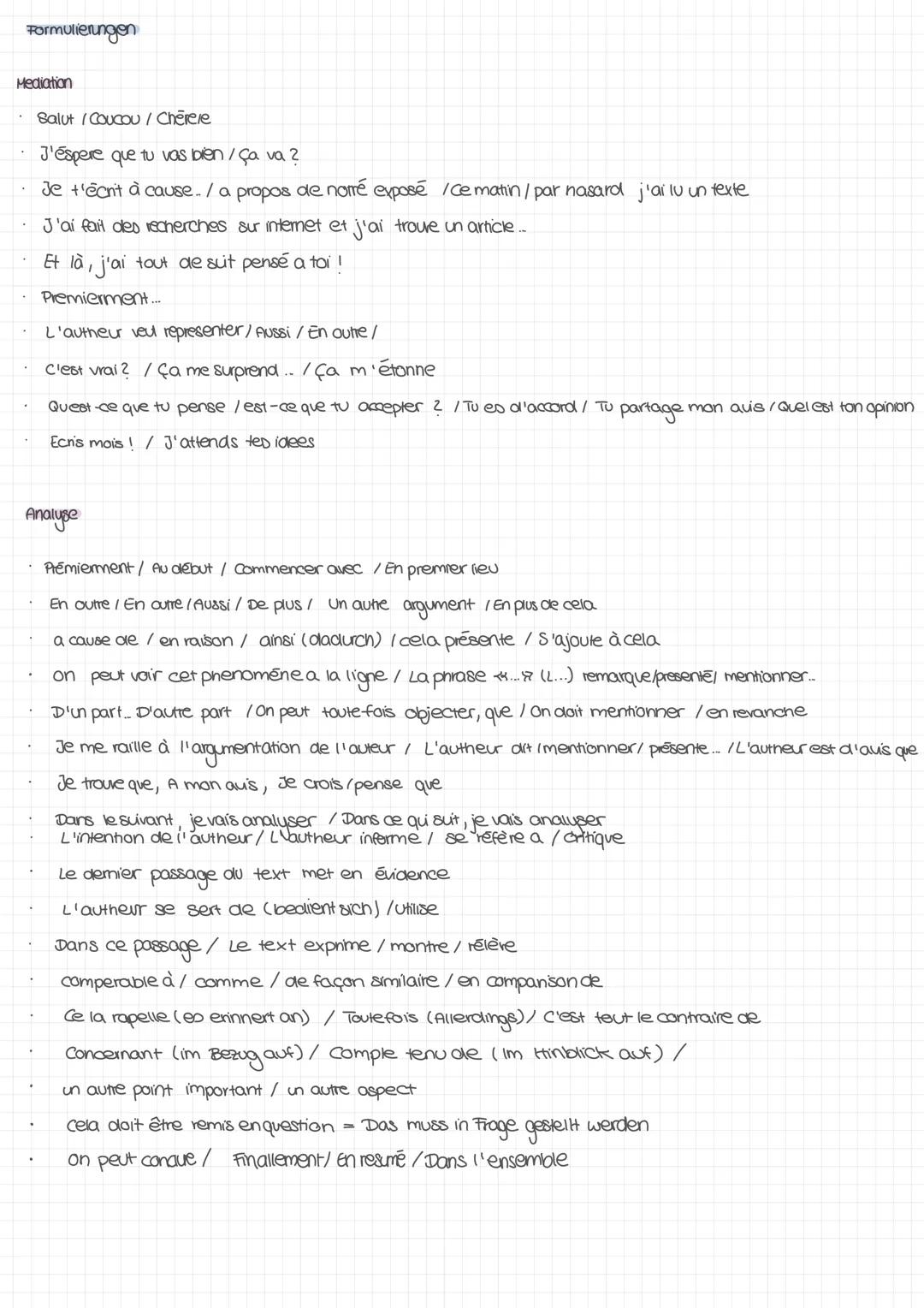 Formulierungen
Mediation
Salut /Coucou / Cherele
J'espere que tu vas bien / Ça va ?
Je t'écnt à cause../ a propos de notre exposé /ce matin