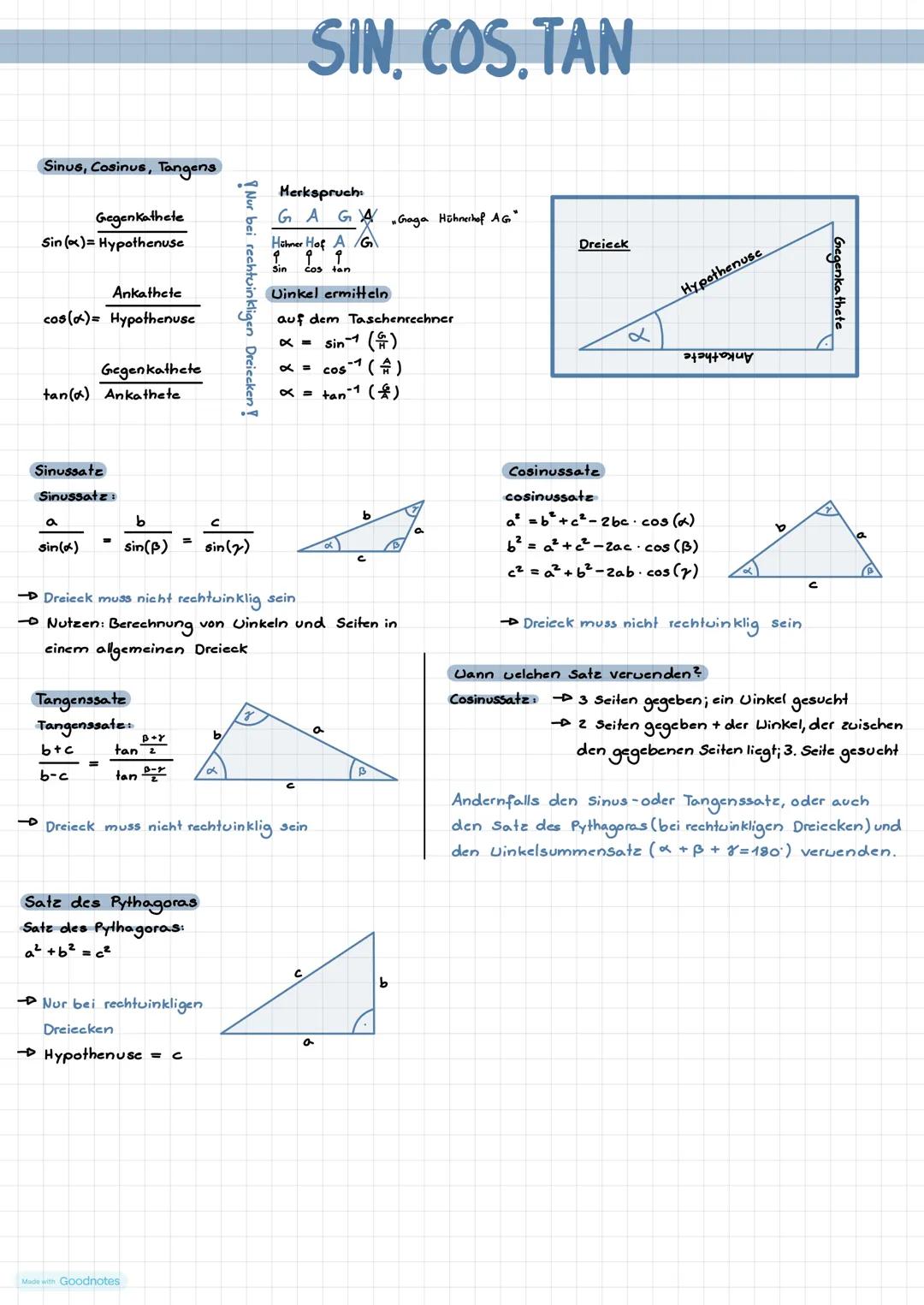 Sinus, Cosinus, Tangens
Gegenkathete
Sin (x)= Hypothenuse
4
Ankathete
cos(a)= Hypothenuse
tan(a) Ankathete
Sinussatz
Sinussatz:
Gegenkathete