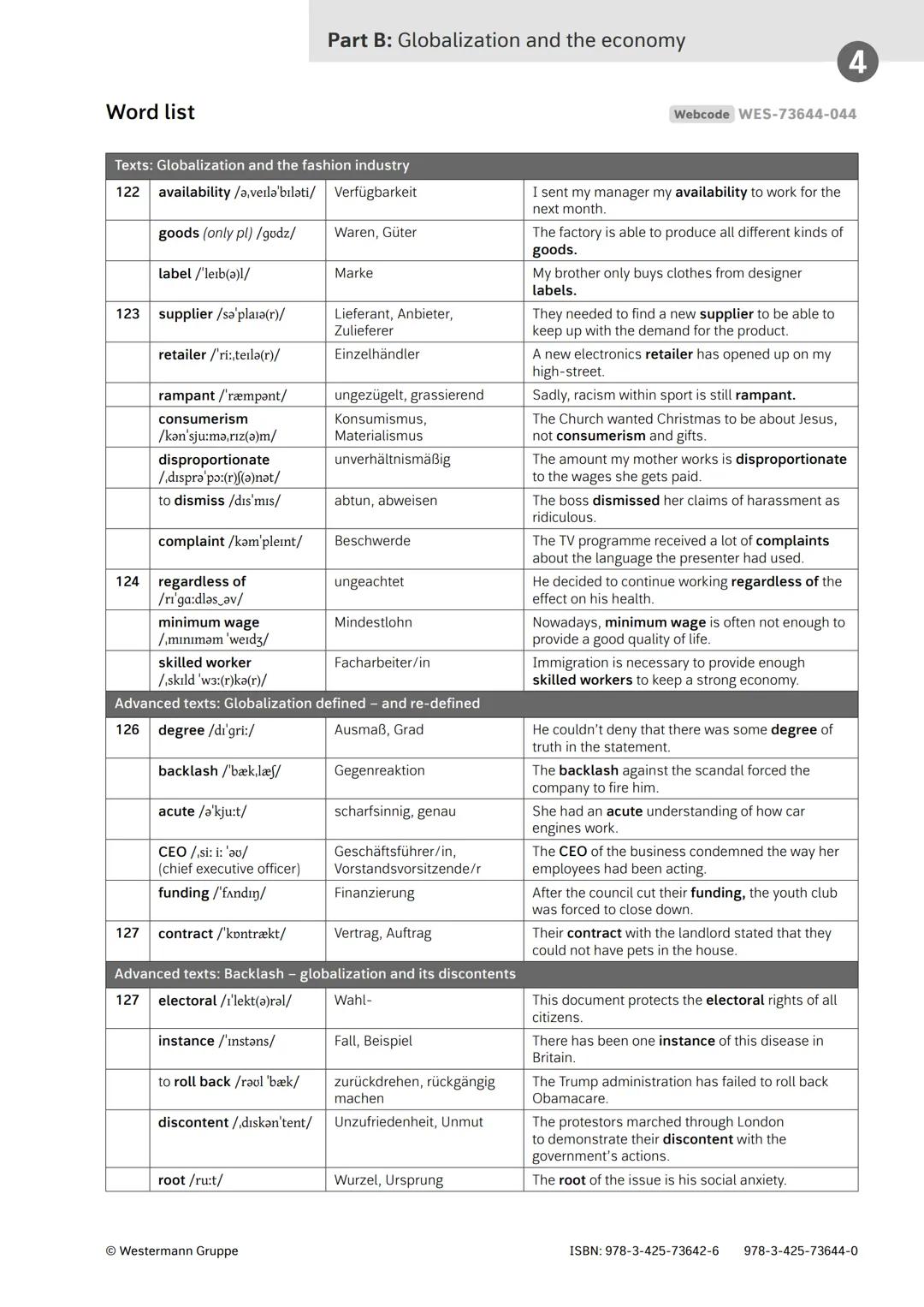 Word list
Texts: Globalization and the fashion industry
122 availability /ǝ,veilǝ'biləti/
Verfügbarkeit
goods (only pl) /gudz/
label /'lerb(