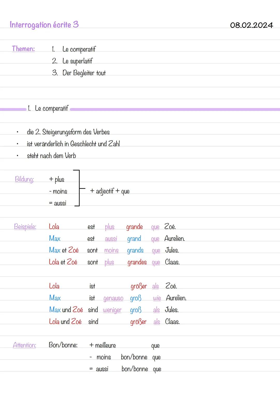 Le superlatif, le comperatif und der Begleiter tout