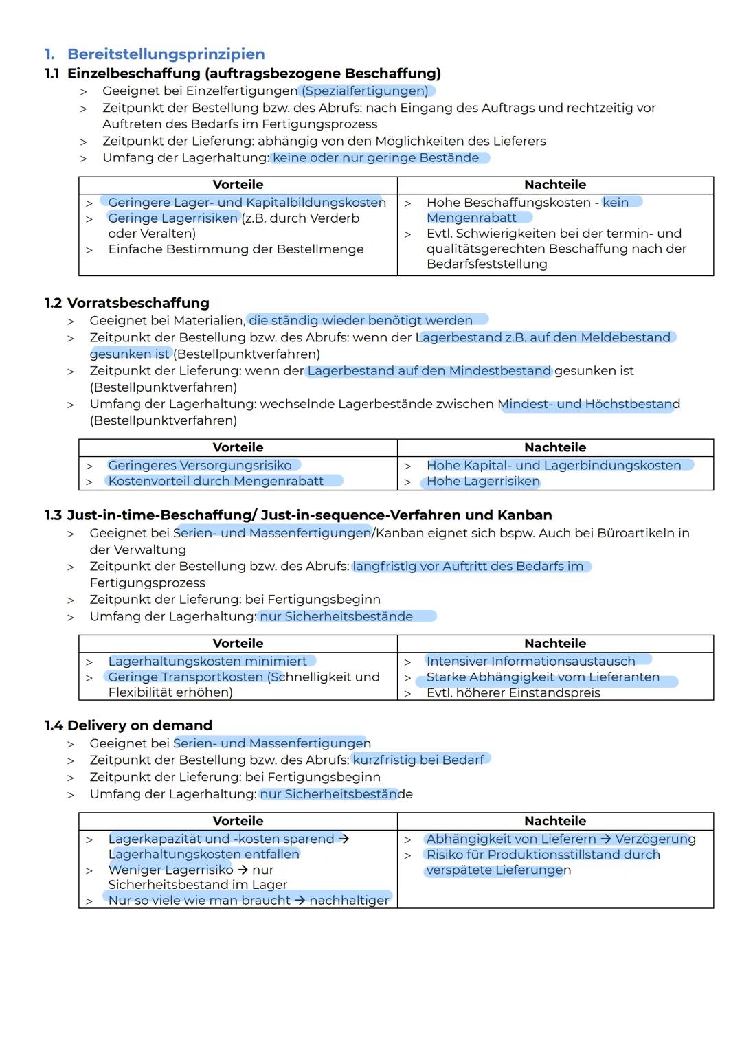 Ka 2: beschaffung und lagerhaltung
1.
Bereitstellungsprinzipien
Einzelbeschaffung (auftragsbezogene Beschaffung)
Just-in-time-Beschaffung/Ju