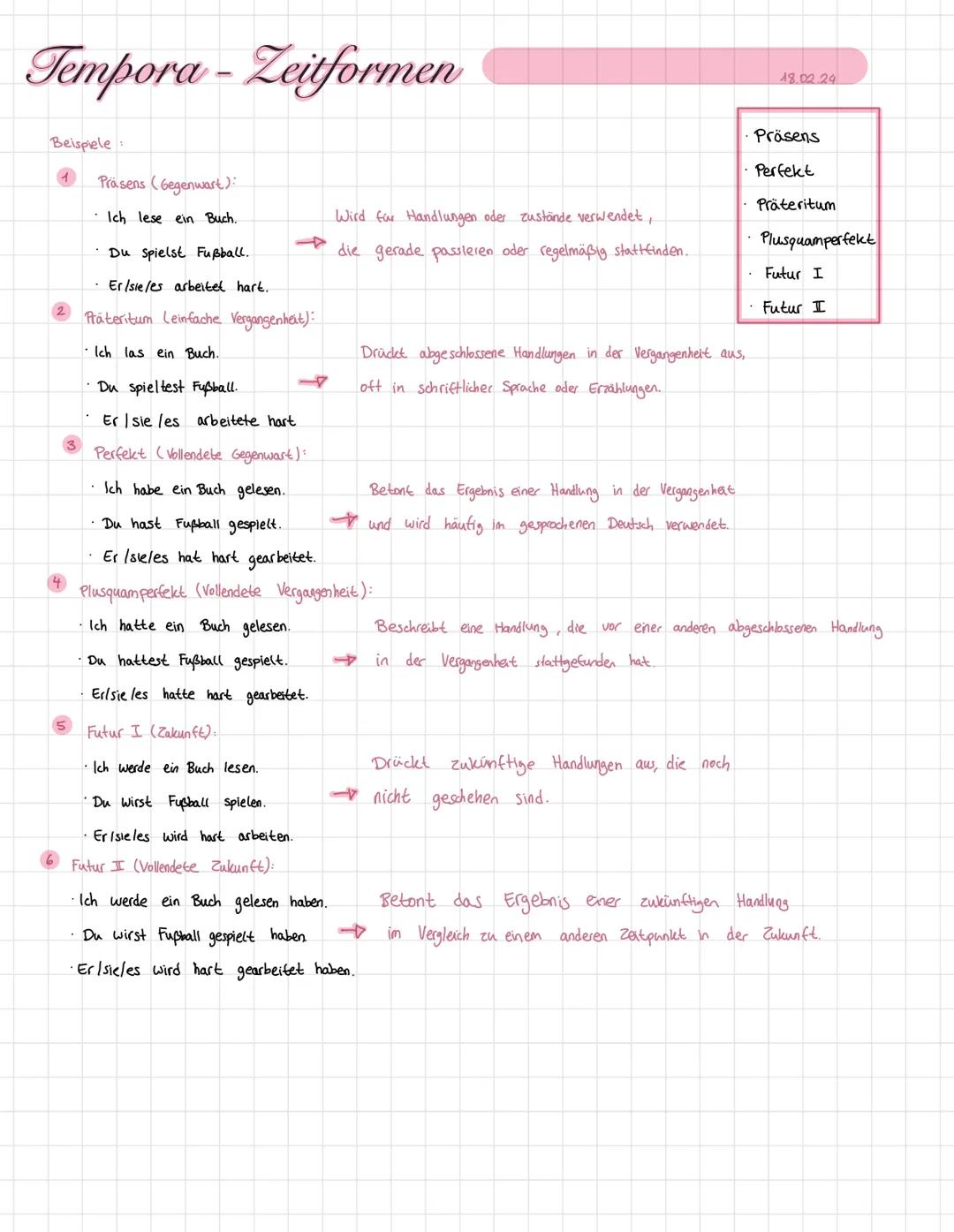 Tempora-Zeitformen
Beispiele:
1
Präsens (Gegenwart):
Ich lese ein Buch.
•Du Spielst Fußball.
Er/sie/es arbeitet hart.
Präteritum Leinfache V