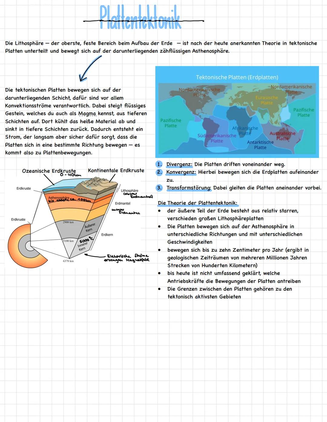 # Plattenteklonik
Die Lithosphäre der oberste, feste Bereich beim Aufbau der Erde ist nach der heute anerkannten Theorie in tektonische
Pla