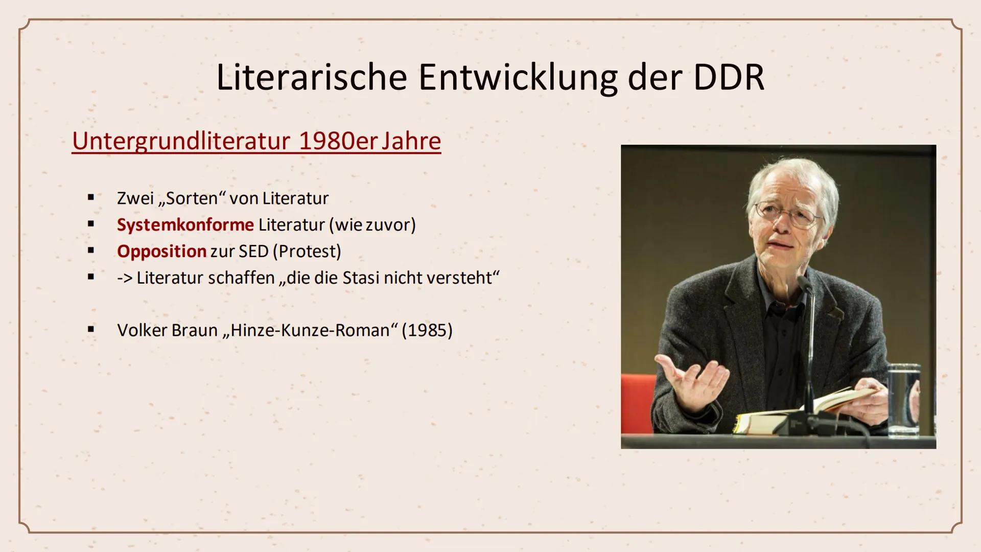 „Das Beste an der DDR war der
Traum, den wir von ihr hatten."
- Hermann Kant 23.02.2024
Die Literatur der DDR (1949-
90)
Und das Werk „De