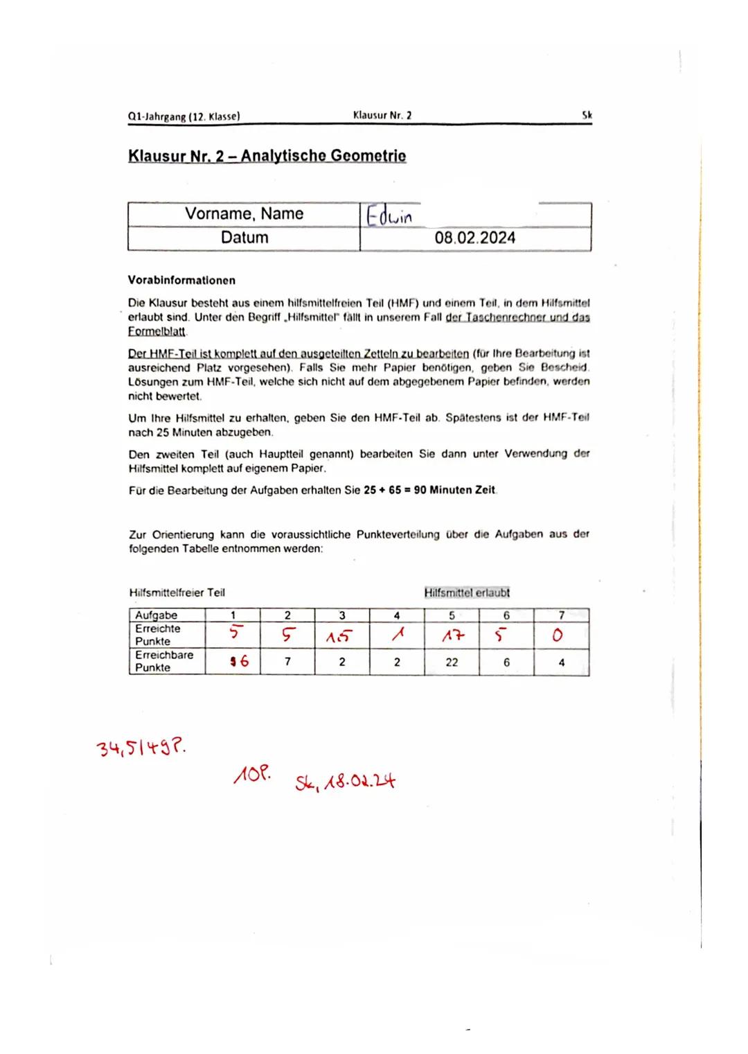Q1-Jahrgang (12. Klasse)
Klausur Nr. 2-Analytische Geometrie
Vorname, Name
Datum
Vorabinformationen
Die Klausur besteht aus einem hilfsmitte