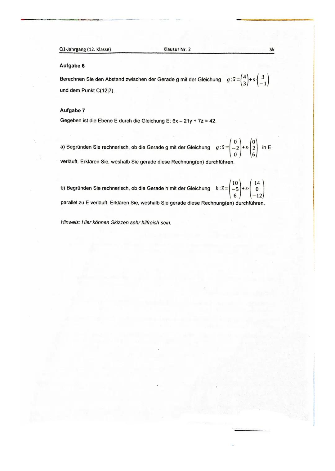 Q1-Jahrgang (12. Klasse)
Klausur Nr. 2-Analytische Geometrie
Vorname, Name
Datum
Vorabinformationen
Die Klausur besteht aus einem hilfsmitte