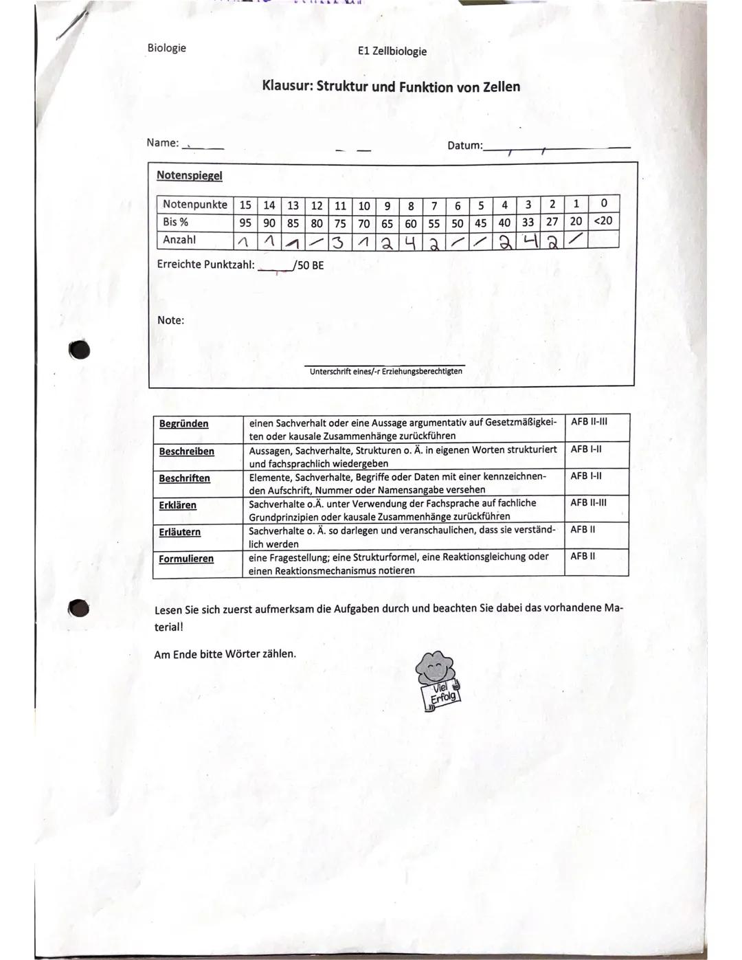Biologie
Name:
Notenspiegel
Notenpunkte
Bis %
Anzahl
1 1 1-3
Erreichte Punktzahl: /50 BE
Note:
Begründen
Beschreiben
Beschriften
Erklären
Er