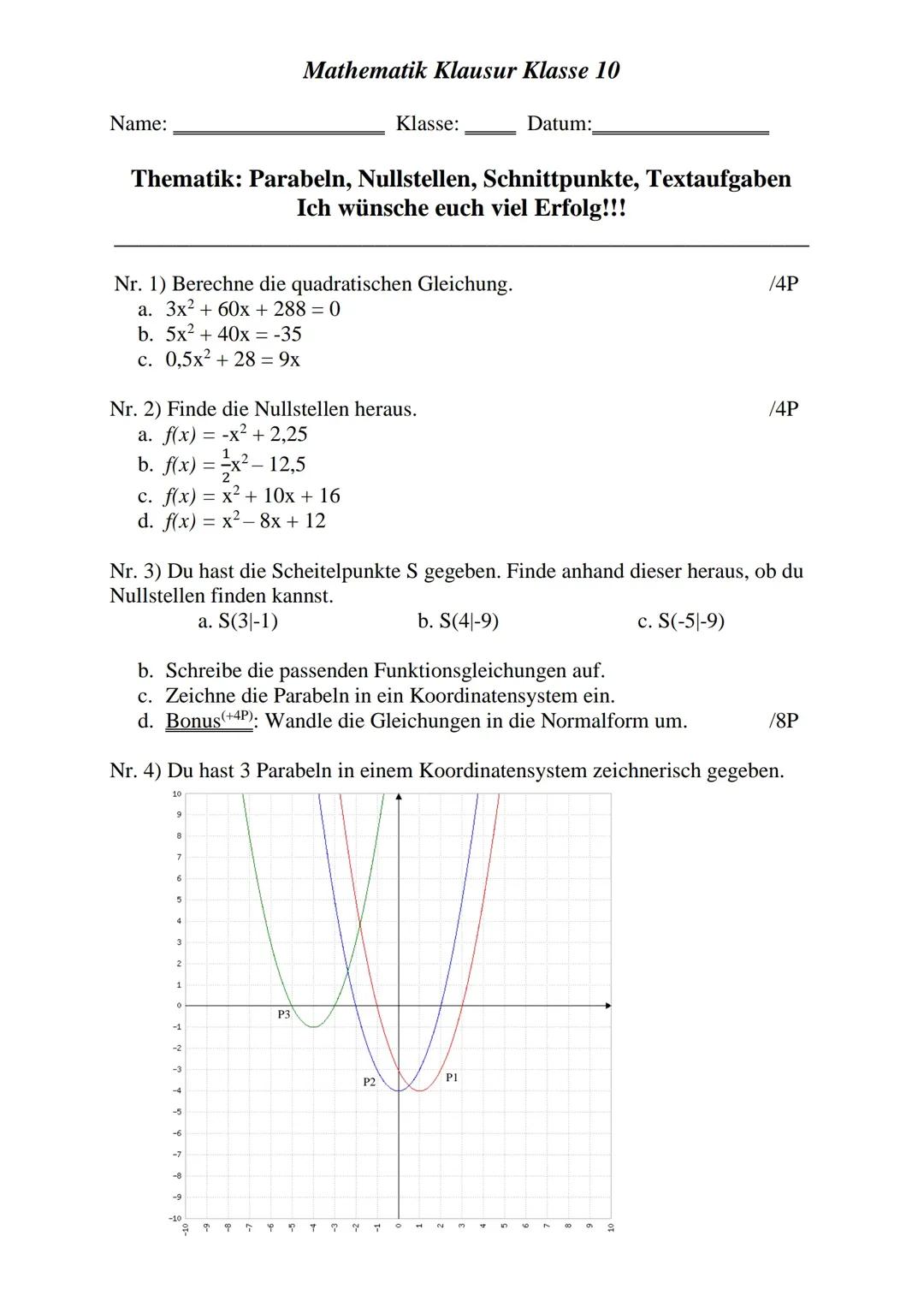 Klassenarbeit - Quadratische Funktionen und Parabeln