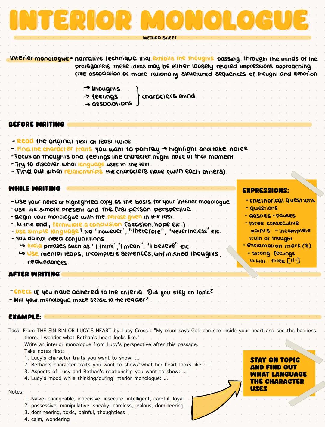 # INTERIOR MONOLOGUE
METHOD SHEЕТ
Interior monologue = narrative technique that exhibits the thoughis passing through the minds of the
prot