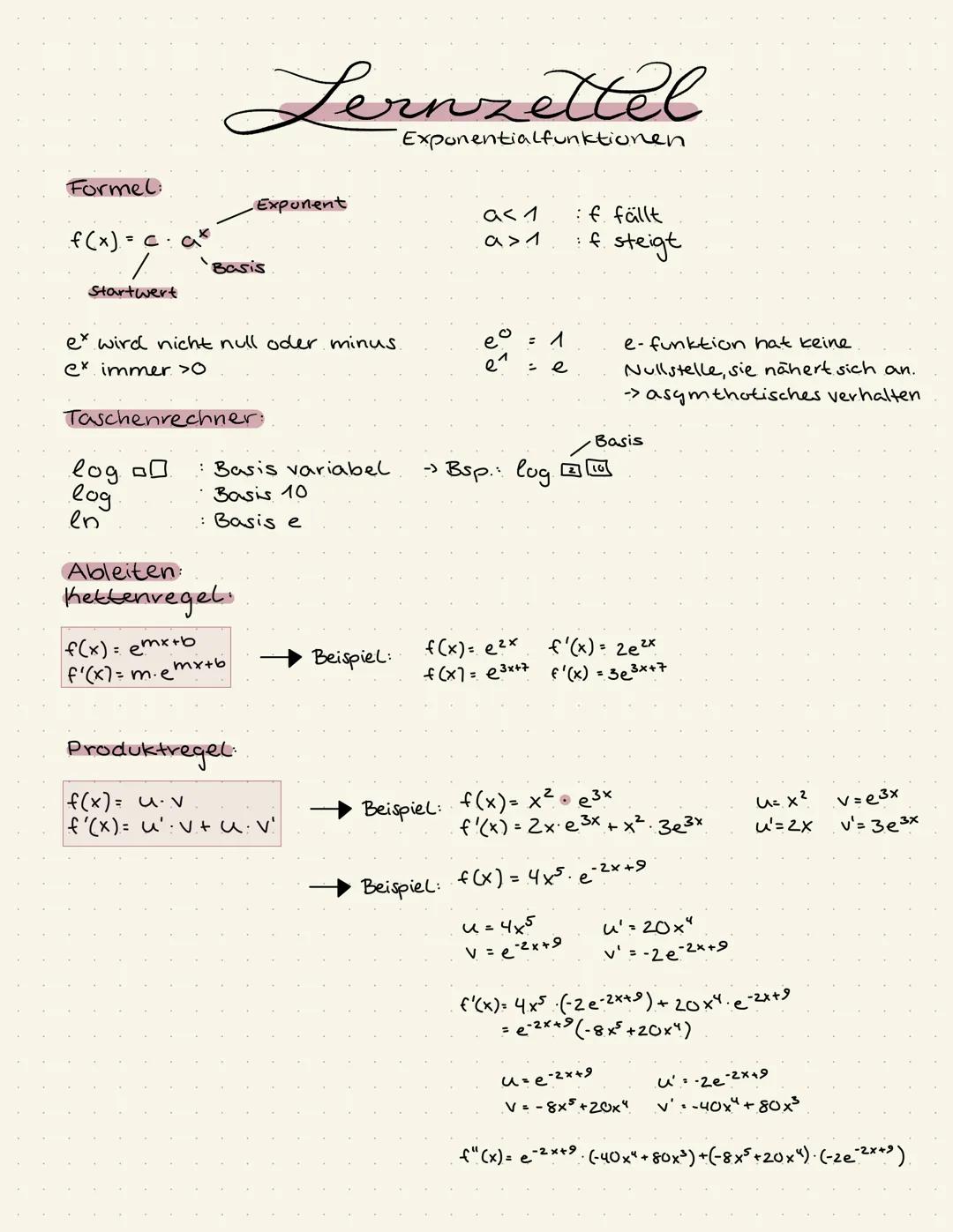 Formel:
f(x) = c.ax
(x)=²
Startwert
Lernzettel
Basis
・Exponent
ex wird nicht null oder minus.
ex immer >0
Taschenrechner:
log o
log
en
Ablei