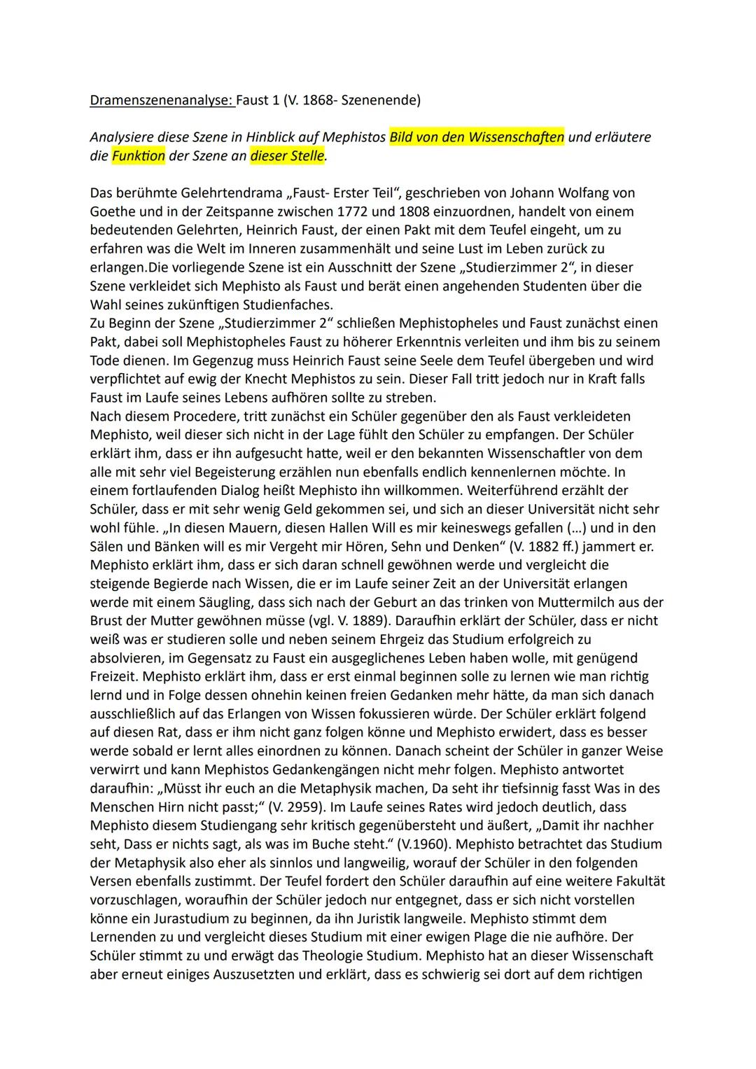 # Dramenszenenanalyse: Faust 1 (V. 1868- Szenenende)
Analysiere diese Szene in Hinblick auf Mephistos Bild von den Wissenschaften und erläu