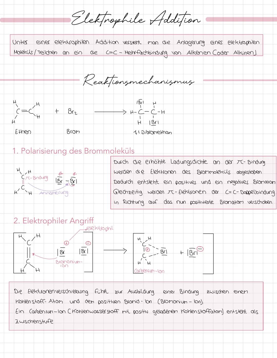 Elektrophile Addition
einer elektrophilen Addition versteht man die Anlagerung eines elektrophilen
Molekuls/Teilchen an ein
(=C-
Mehrfachbin