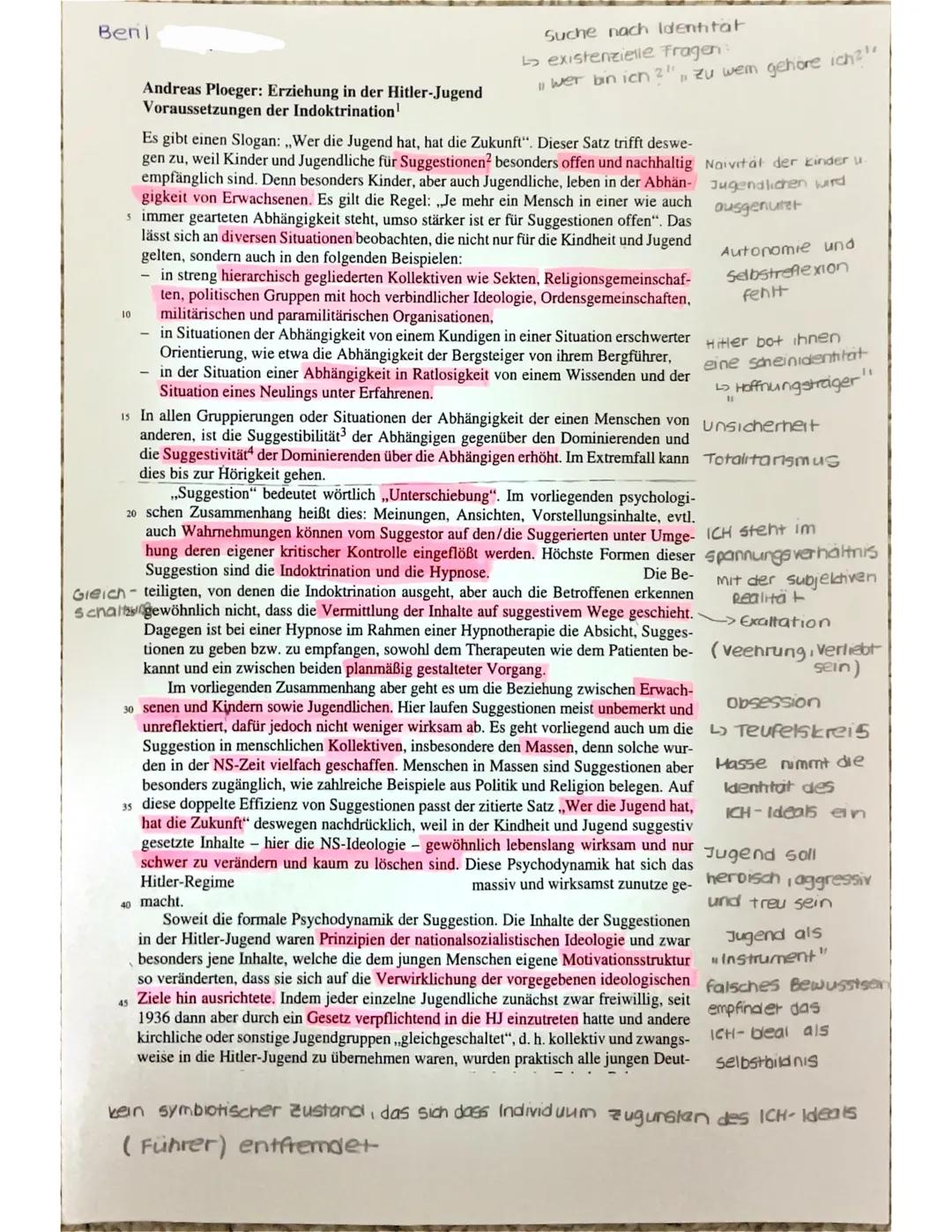Benl
Andreas Ploeger: Erziehung in der Hitler-Jugend
Voraussetzungen der Indoktrination¹
10
Suche nach Identität
↳ existenzielle Fragen:
11