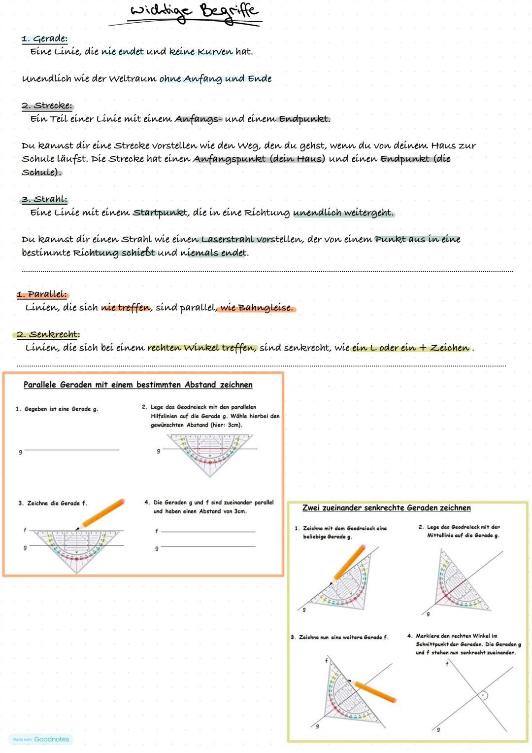 # Wichtige Begriffe
1. Gerade:
Eine Linie, die nie endet und keine Kurven hat.
Unendlich wie der Weltraum ohne Anfang und Ende
2. Strecke