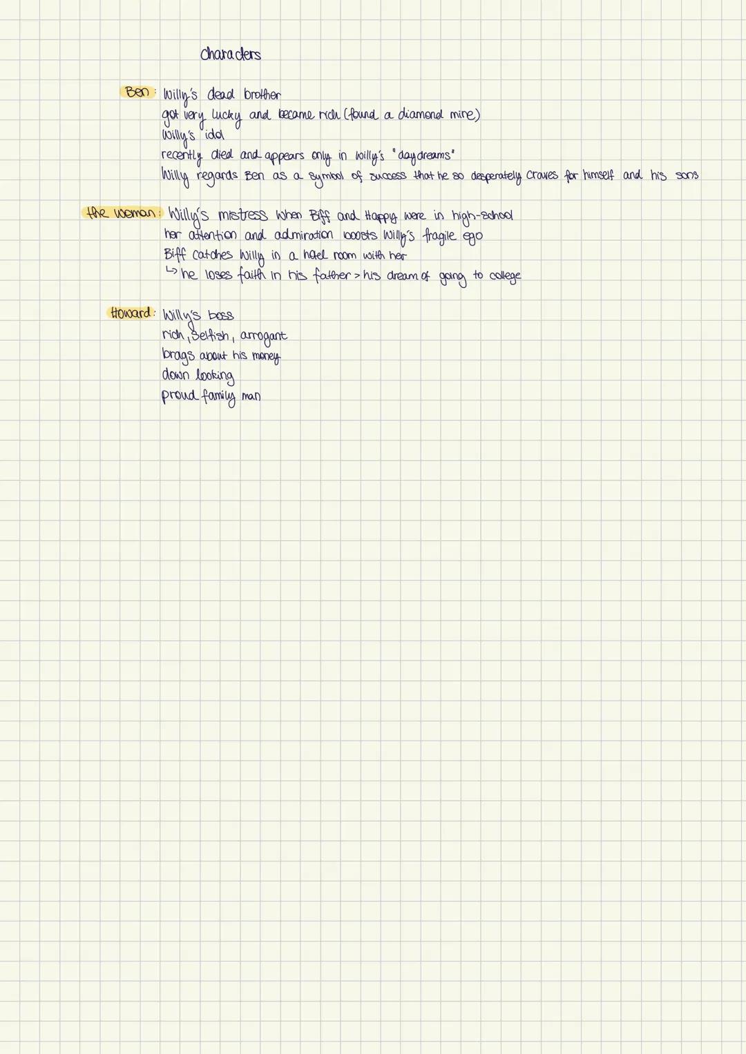 Willy: salesman for over 13 years.
over 60 years
Wife Linda
sons. Biff, Happy
>>
Characters
> not effective, times changed > doesn't adapt t