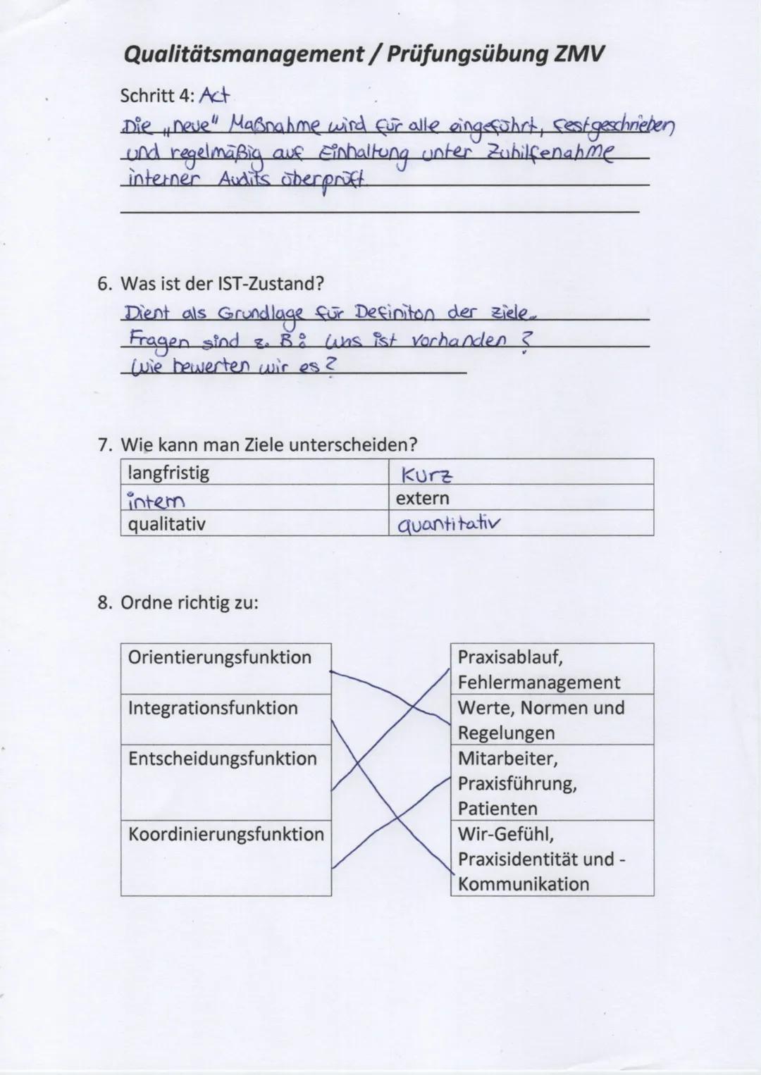 Qualitätsmanagement / Prüfungsübung ZMV
1. Erkläre den Begriff ,,Qualitätsmanagement:
Umfassender Ansatz zum Lenken und Leiten
von Abläufen,