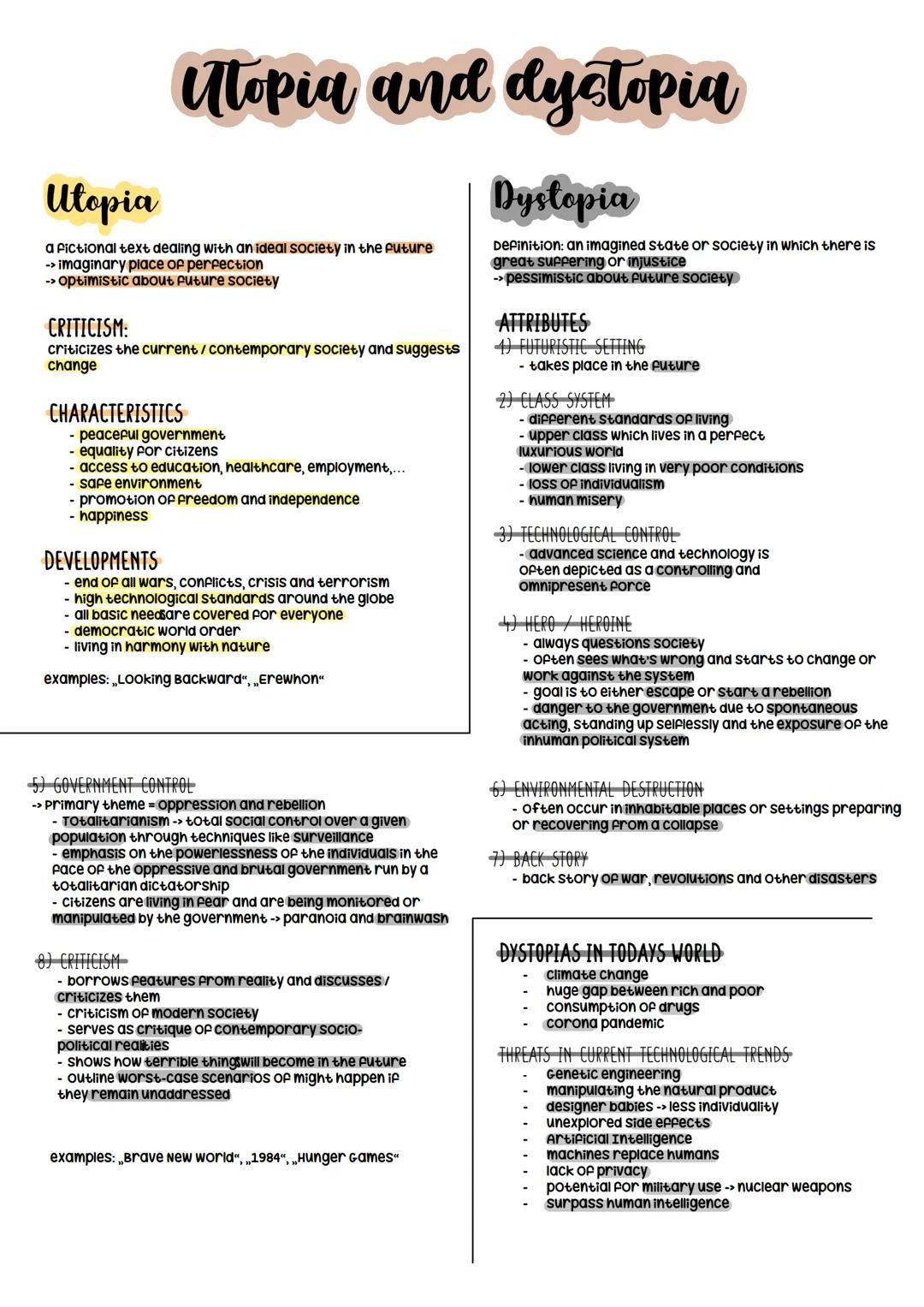 # Utopia and dystopia
## Utopia
a fictional text dealing with an ideal society in the future
-> imaginary place of perfection
-> optimistic