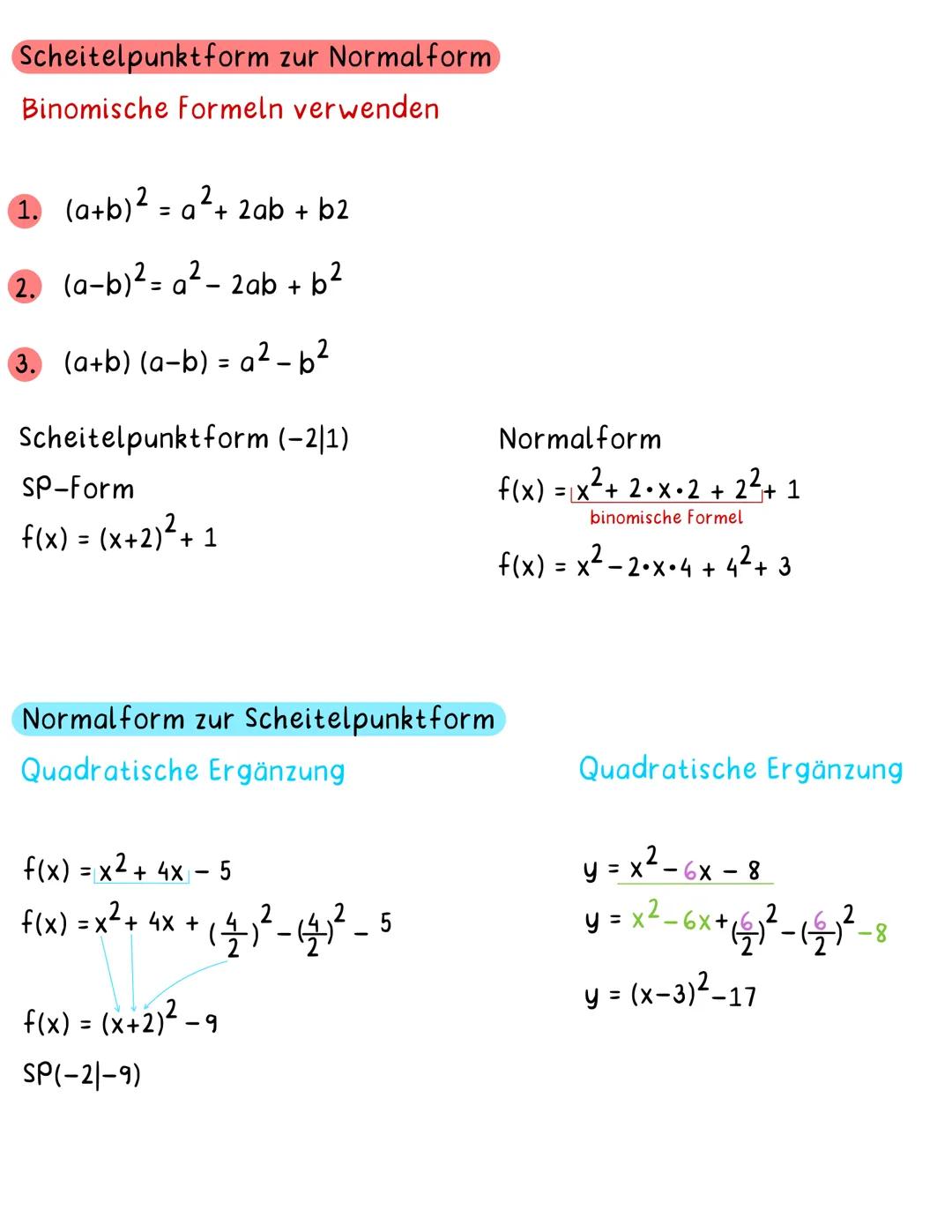 Quadratische Funktionen
Parabeln und Umformungsarten
x² = Normalparabel
x²
+ 3 = verschobene Normalparabel
f(x) = (x-d)² + e = Scheitelpunkt