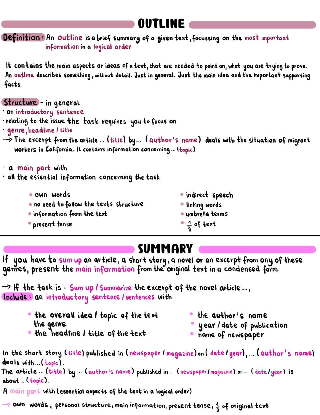 OUTLINE
Definition: An outline is a brief summary of a given text, focussing on the most important
information in a logical order.
It contai