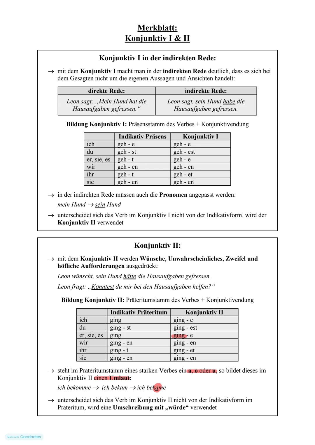 Made with Goodnotes
Konjunktiv I in der indirekten Rede:
→ mit dem Konjunktiv I macht man in der indirekten Rede deutlich, dass es sich bei
