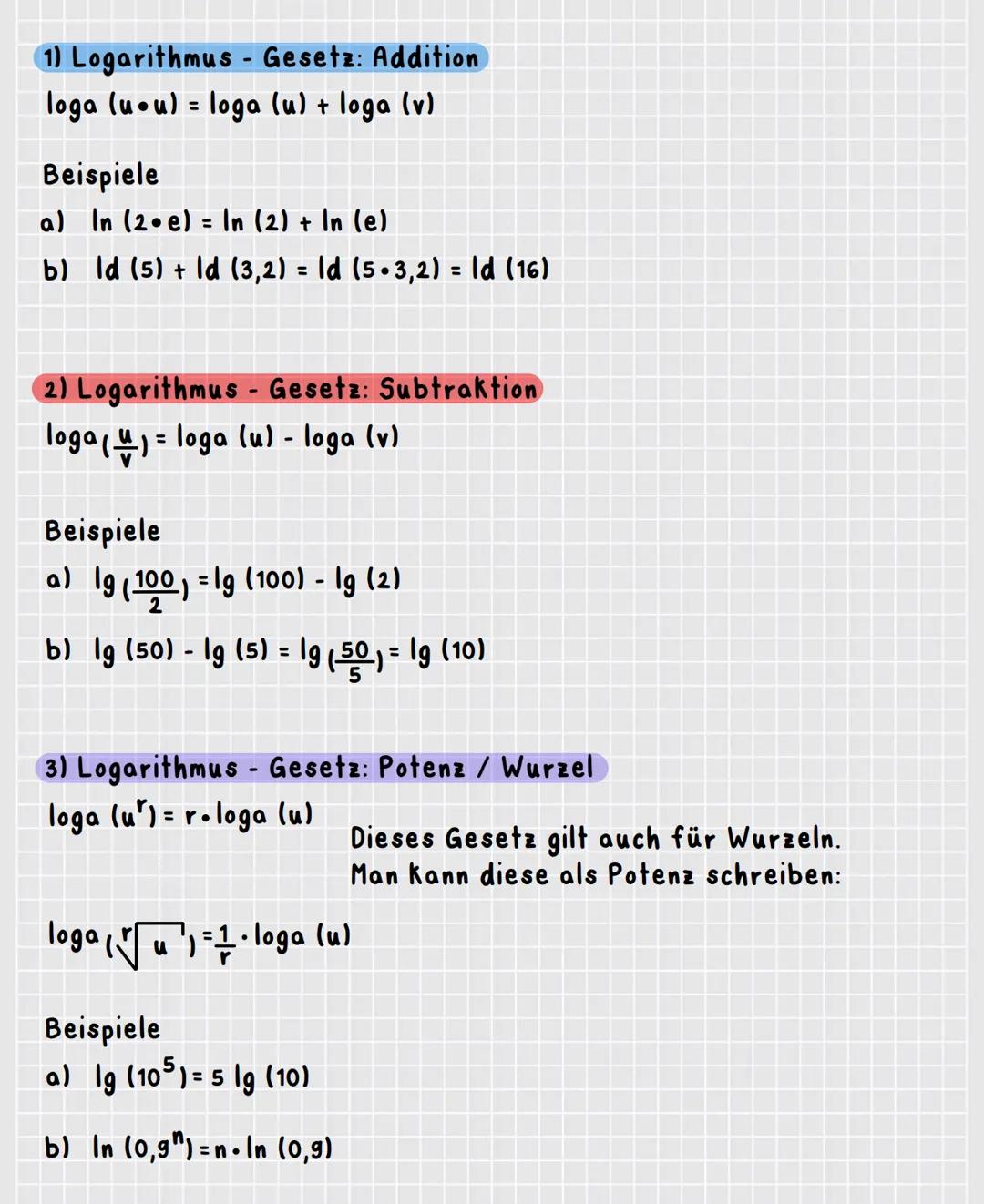 Was ist der Logarithmus?
→Umkehrung von Potenzieren
25 = 32
→ mit welcher Zahl muss 2 multipliziert werden, damit 32 rauskommt?
man sucht di