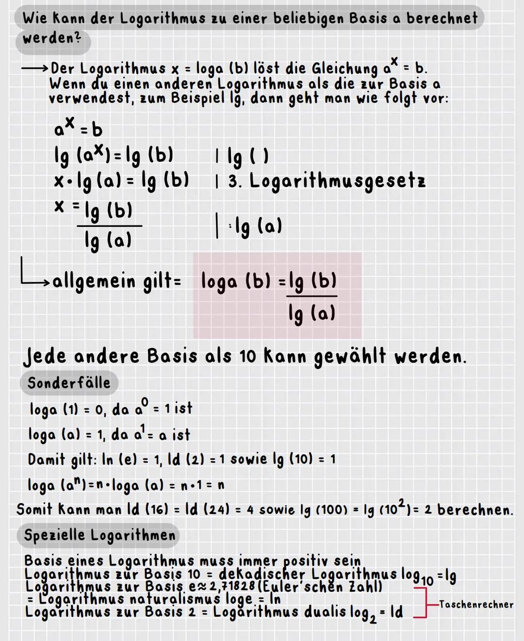 Was ist der Logarithmus?
→Umkehrung von Potenzieren
25 = 32
→ mit welcher Zahl muss 2 multipliziert werden, damit 32 rauskommt?
man sucht di