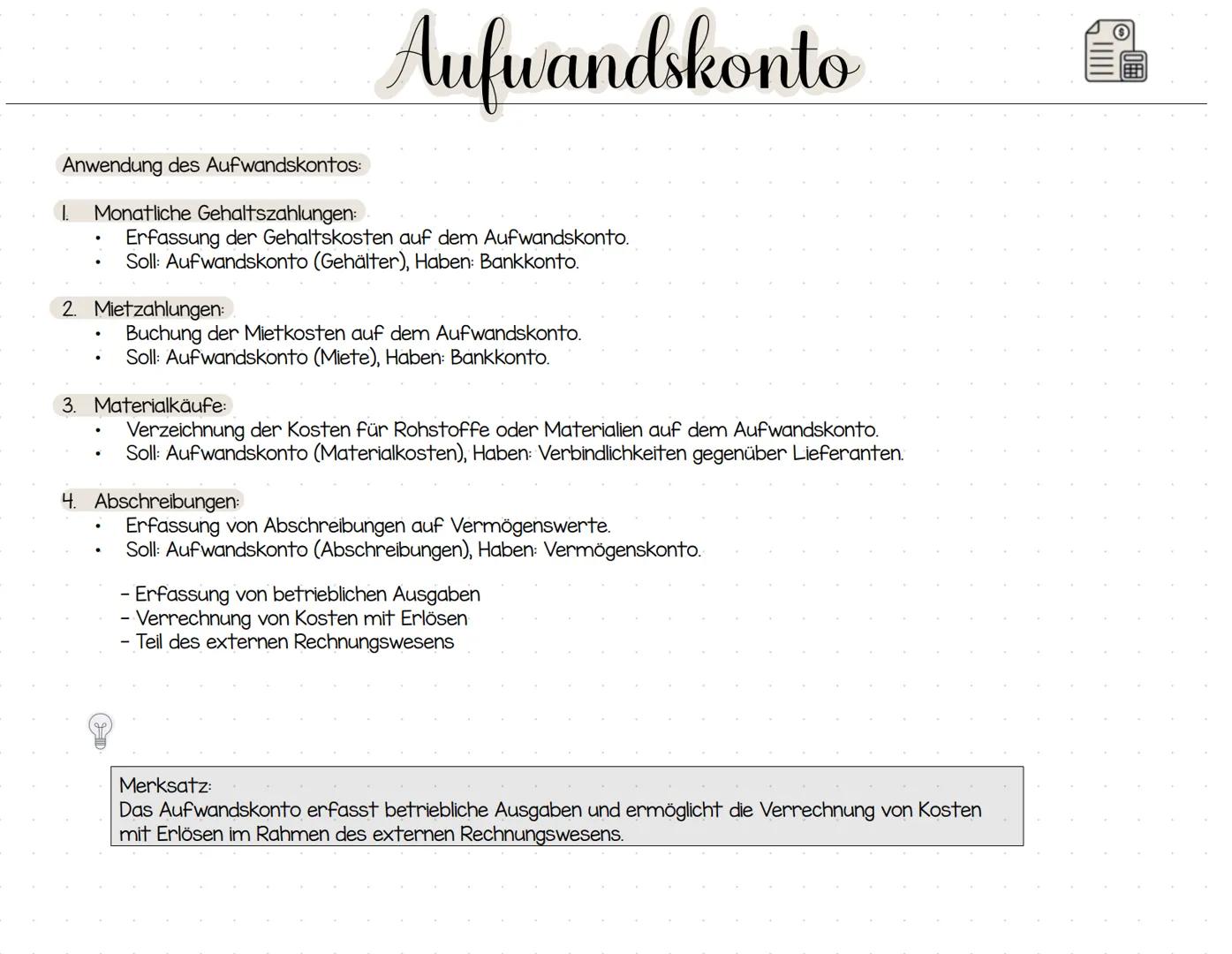 # Aufwandskonto
Anwendung des Aufwandskontos:
1. Monatliche Gehaltszahlungen:
* Erfassung der Gehaltskosten auf dem Aufwandskonto.
*