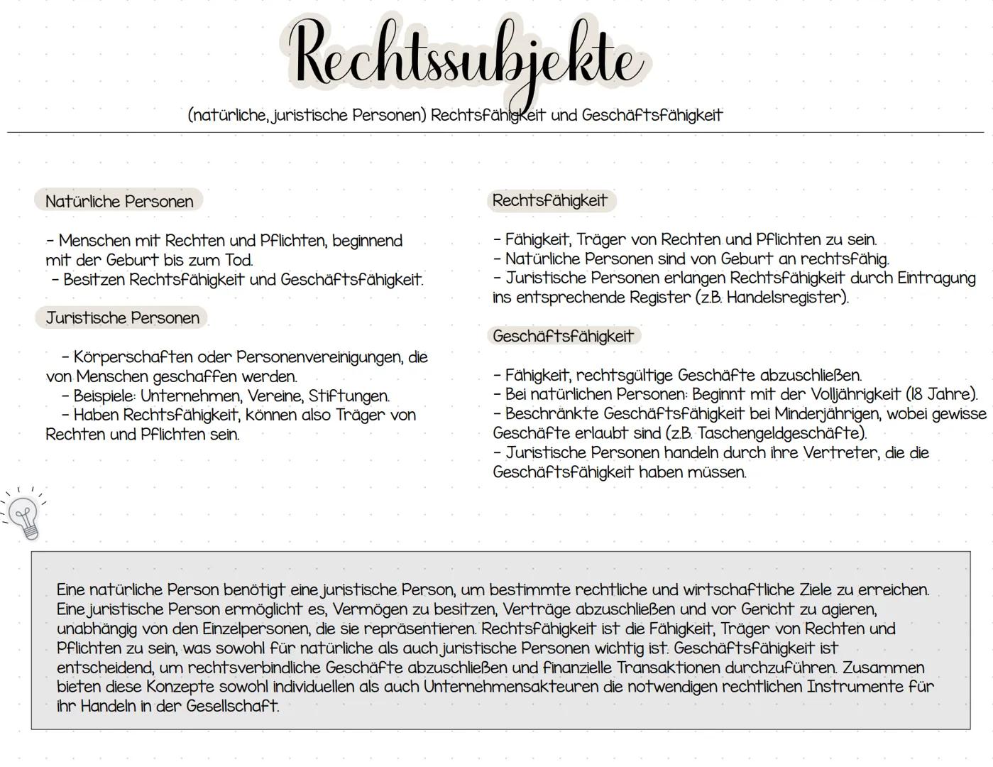 # Rechtssubjekte
(natürliche, juristische Personen) Rechtsfähigkeit und Geschäftsfähigkeit
Natürliche Personen
- Menschen mit Rechten und