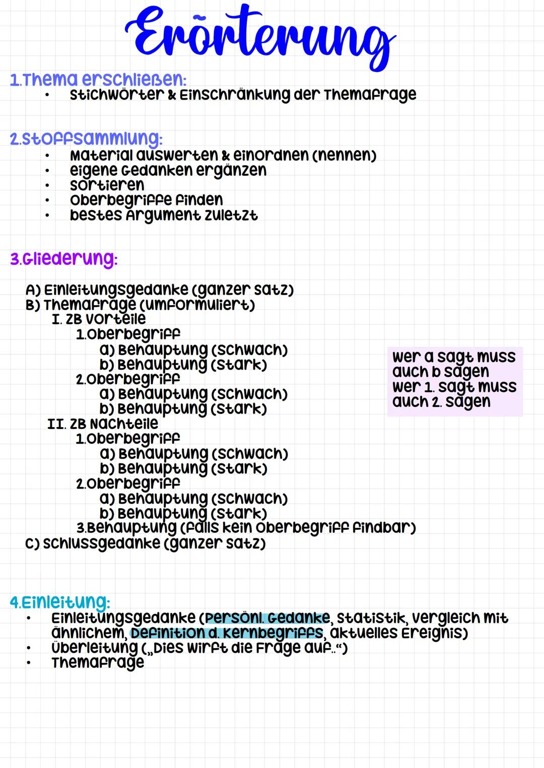 1.Thema erschließen:
2.Stoffsammlung:
●
●
Erörterung
Stichwörter & Einschränkung der Themafrage
●
●
Material auswerten & einordnen (nennen)