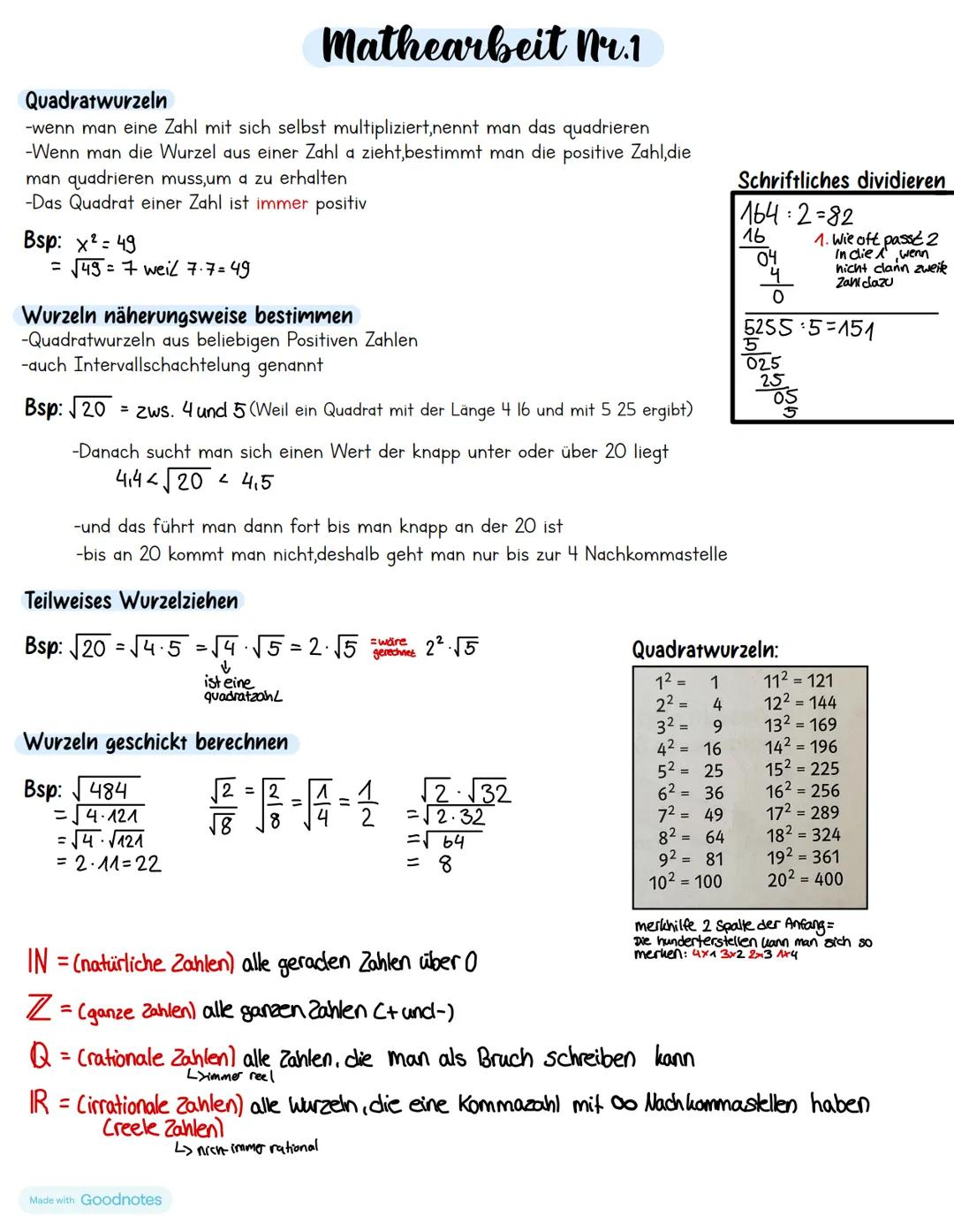 Mathearbeit nr.1
Quadratwurzeln
-wenn man eine Zahl mit sich selbst multipliziert,nennt man das quadrieren
-Wenn man die Wurzel aus einer Za