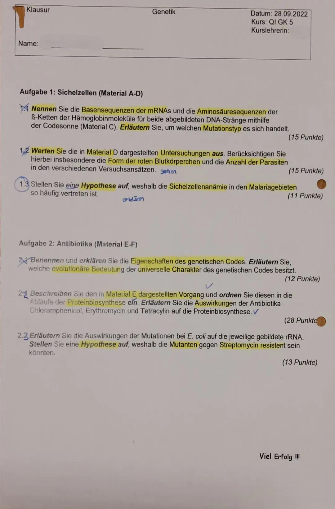 # 1. Klausur Gk-5 QI Biologie
# Bewertungsübersicht und Erwartungshorizor
1.1
*   Nennen Sie die Basensequenzen der mRNAs und die Aminosä