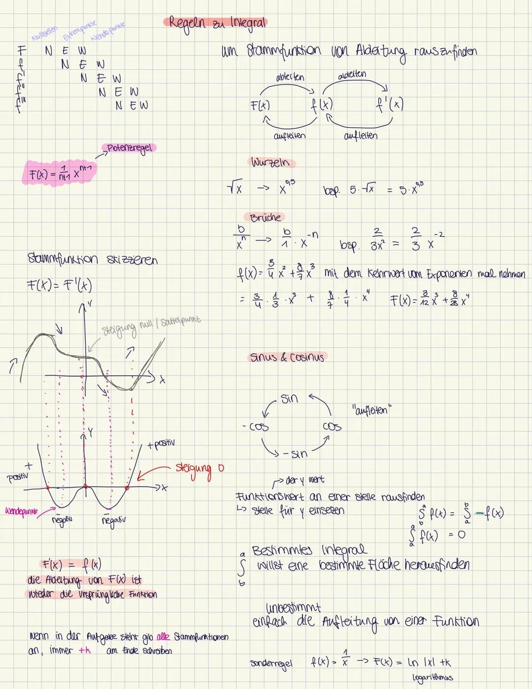 # Regeln zu Integral
um stammfunktion von Aldeatung rauszufinden
```
ablerten
F(x)
f(x)
f'(x)
aufleiten
aufleiten
```
Potenaregel
$