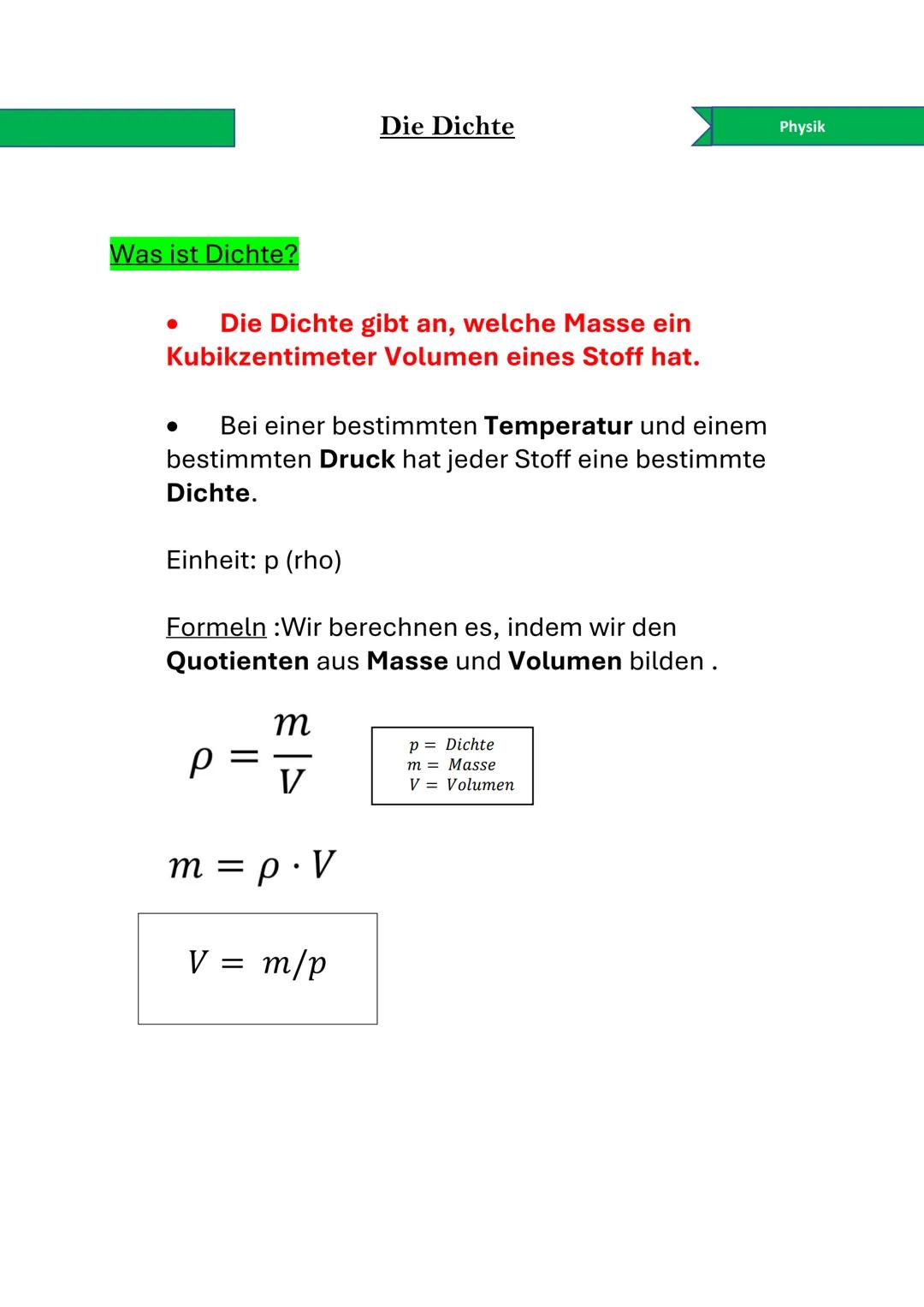 # Die Dichte
Physik
Was ist Dichte?
• Die Dichte gibt an, welche Masse ein
Kubikzentimeter Volumen eines Stoff hat.
• Bei einer bestimmt