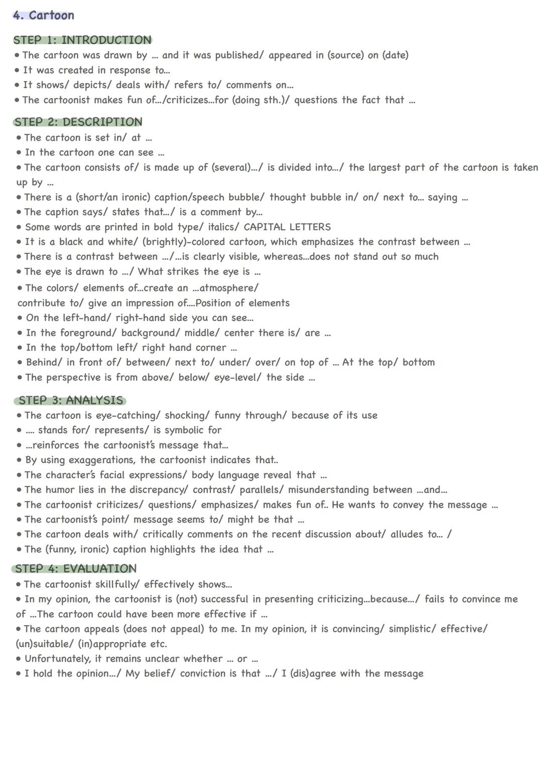 4. Cartoon
STEP 1: INTRODUCTION
• The cartoon was drawn by ... and it was published/ appeared in (source) on (date)
• It was created in re