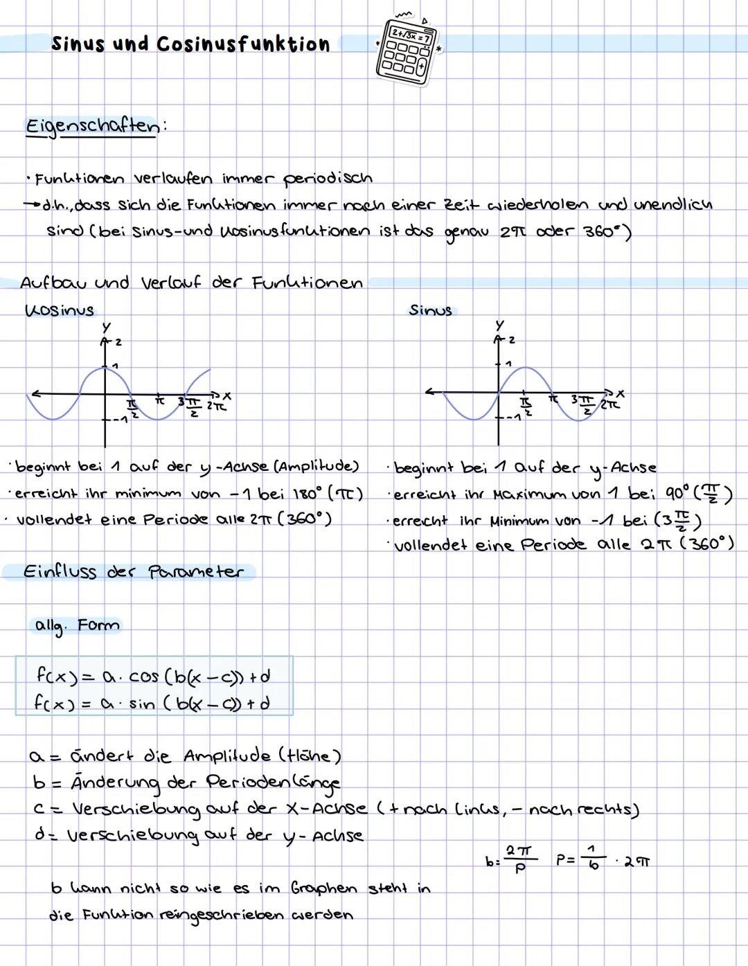 Sinus und Cosinusfunktion
Eigenschaften:
• Funktionen verlaufen immer periodisch
d.h., dass sich die Funktionen immer nach einer Zeit wieder